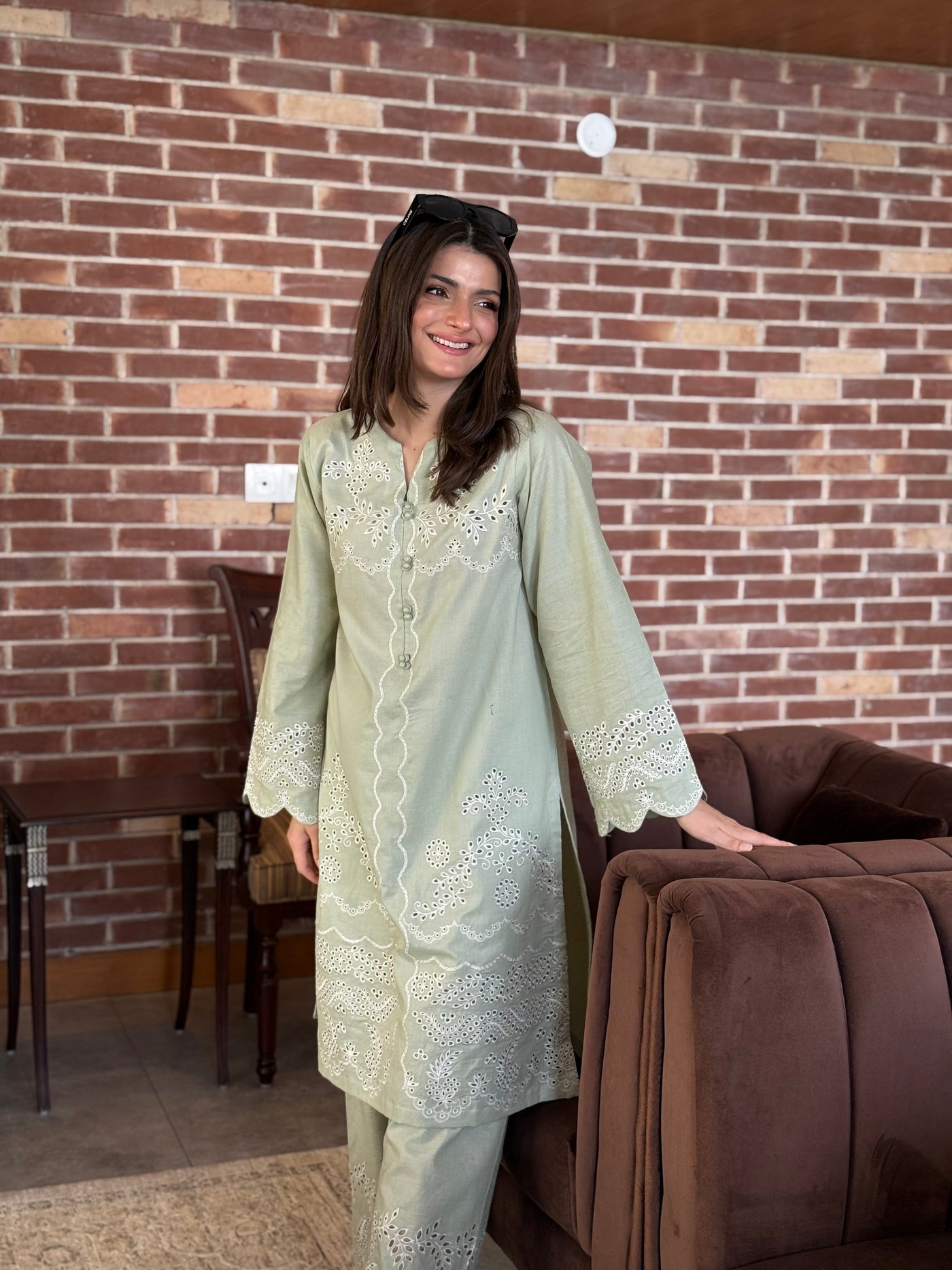 Mint Whisper - Sage Green Schiffli Co-Ord Set