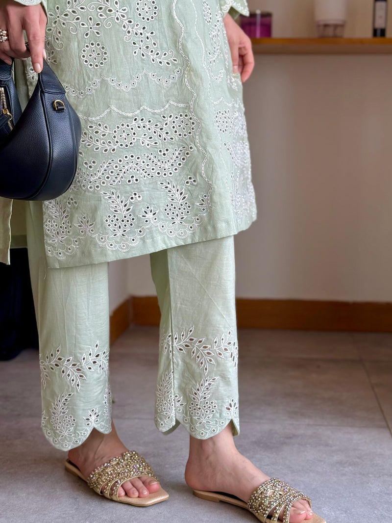 Mint Whisper - Sage Green Schiffli Co-Ord Set