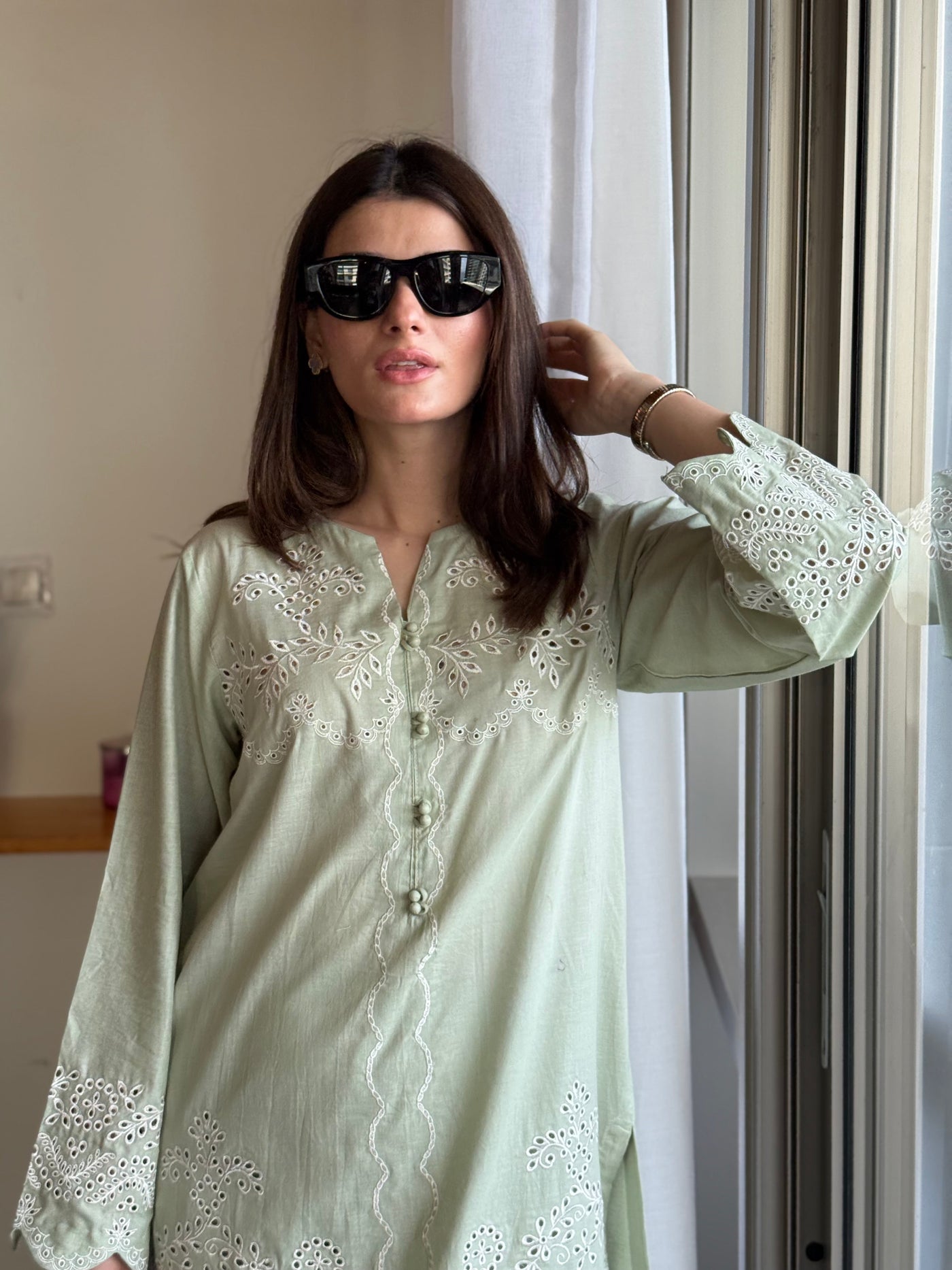 Mint Whisper - Sage Green Schiffli Co-Ord Set