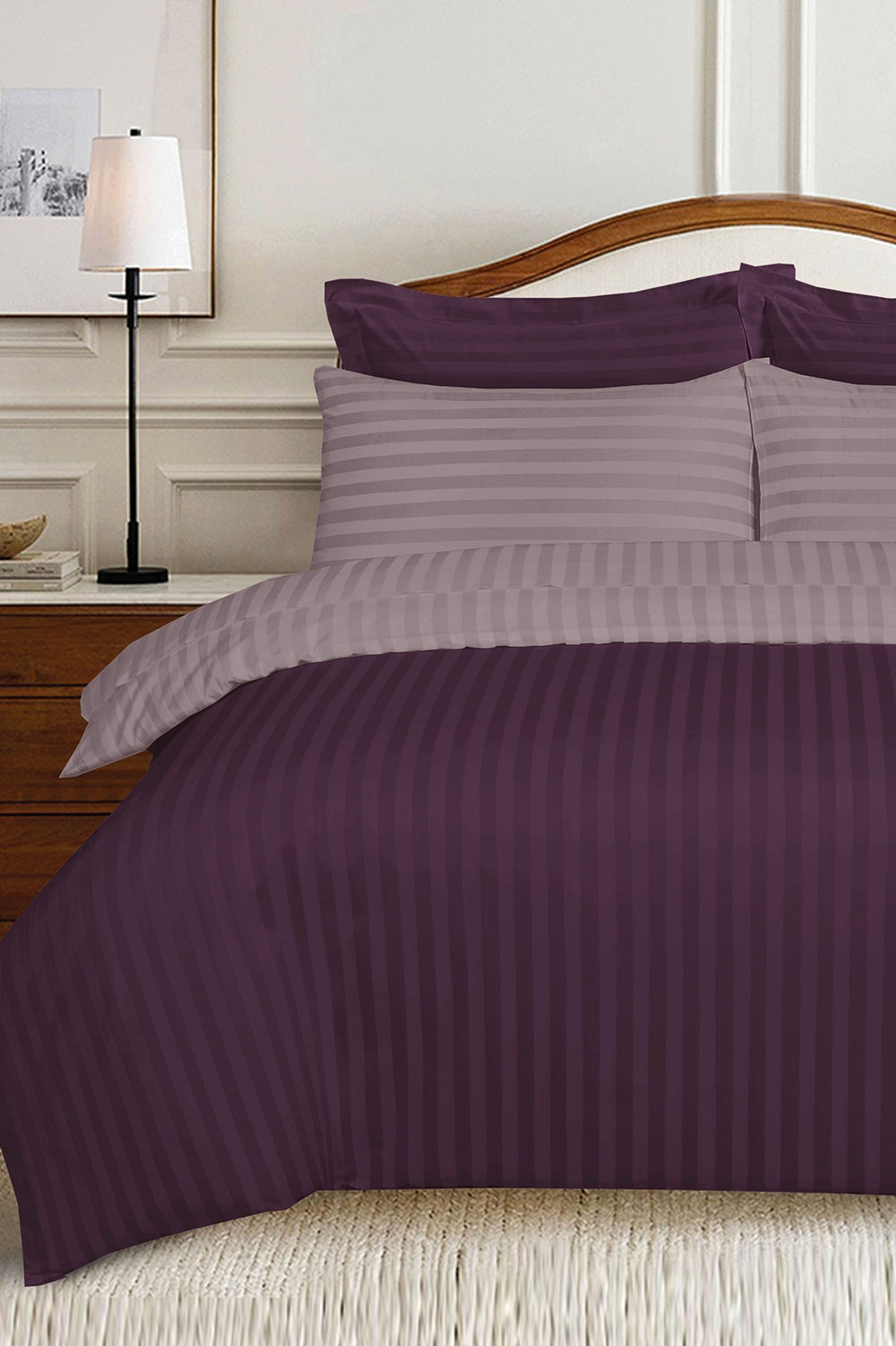 Plum And Mauve Light Stripe Satin T-250 Quilt Cover Set