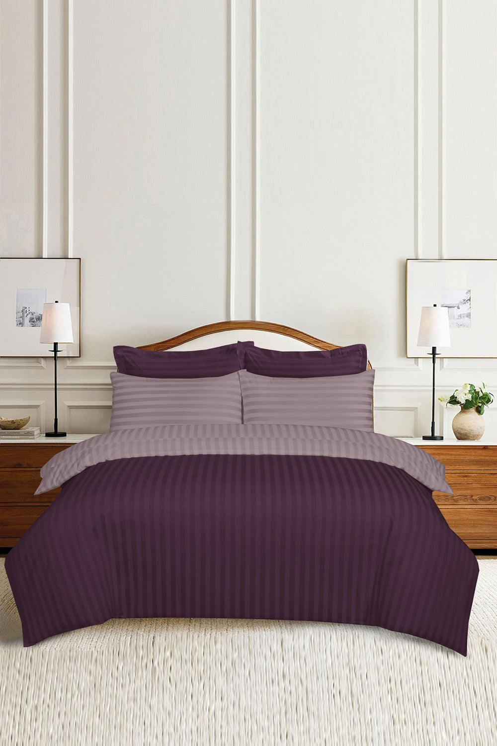 Plum And Mauve Light Stripe Satin T-250 Quilt Cover Set