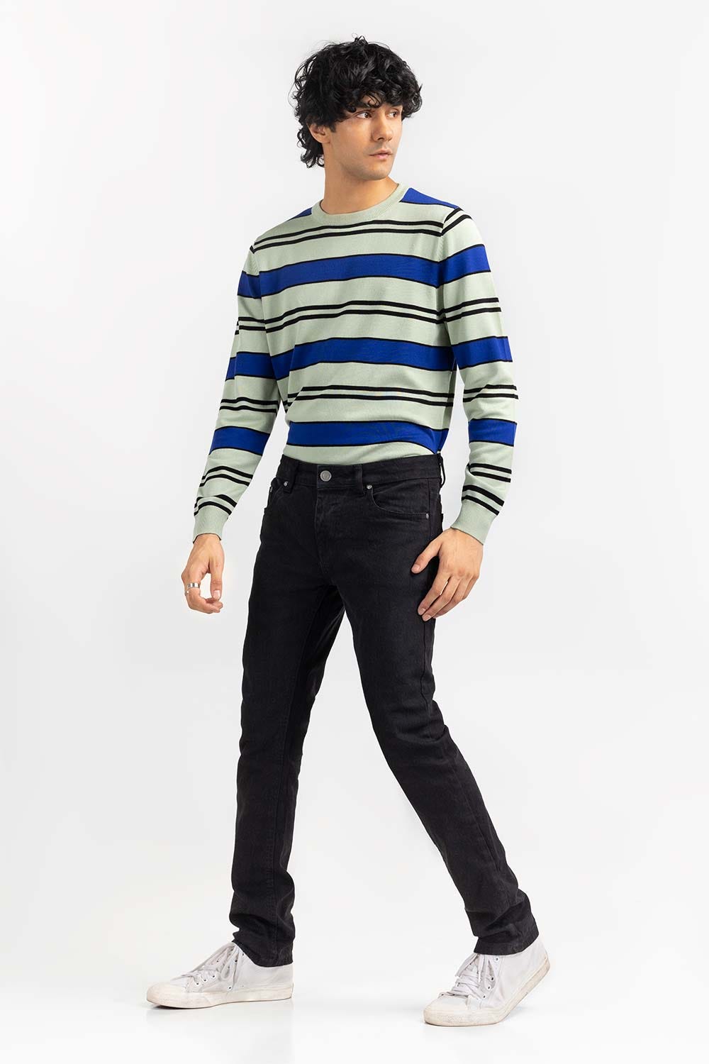 Royal White Striped Crew Neck Sweater