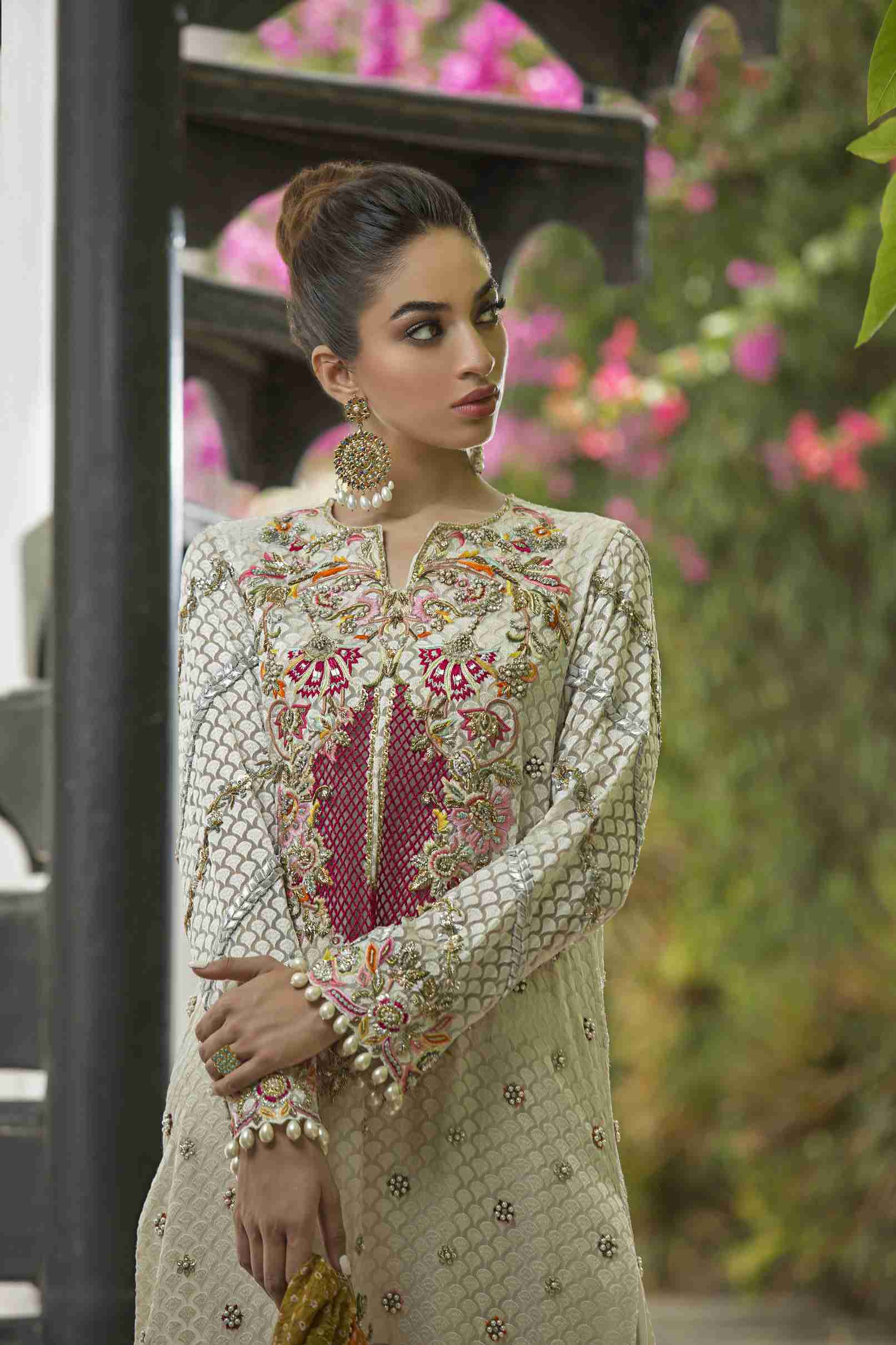 White Multi Embroidered Long Tunic with Churidaar and Chunri Dupatta