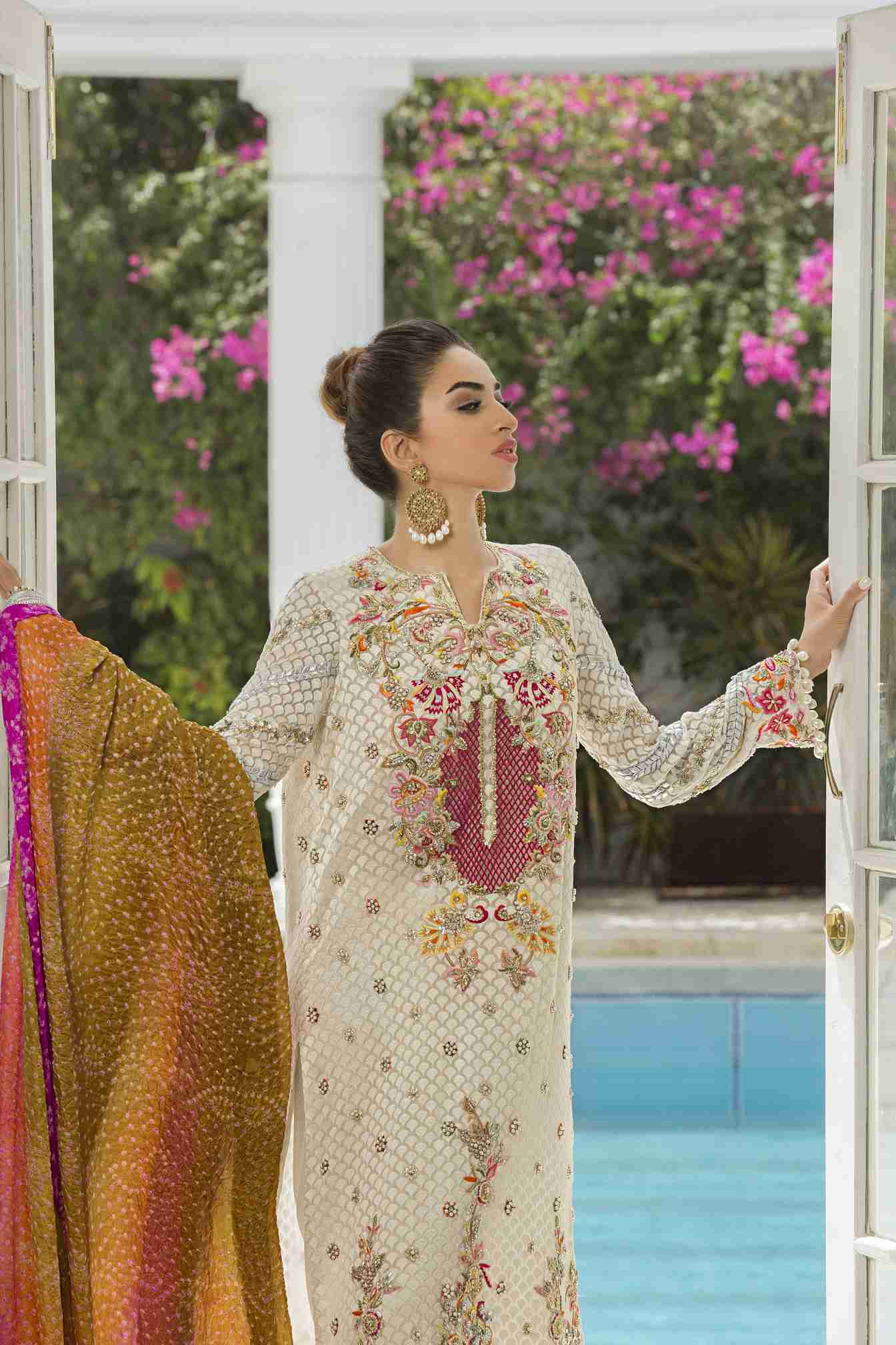White Multi Embroidered Long Tunic with Churidaar and Chunri Dupatta
