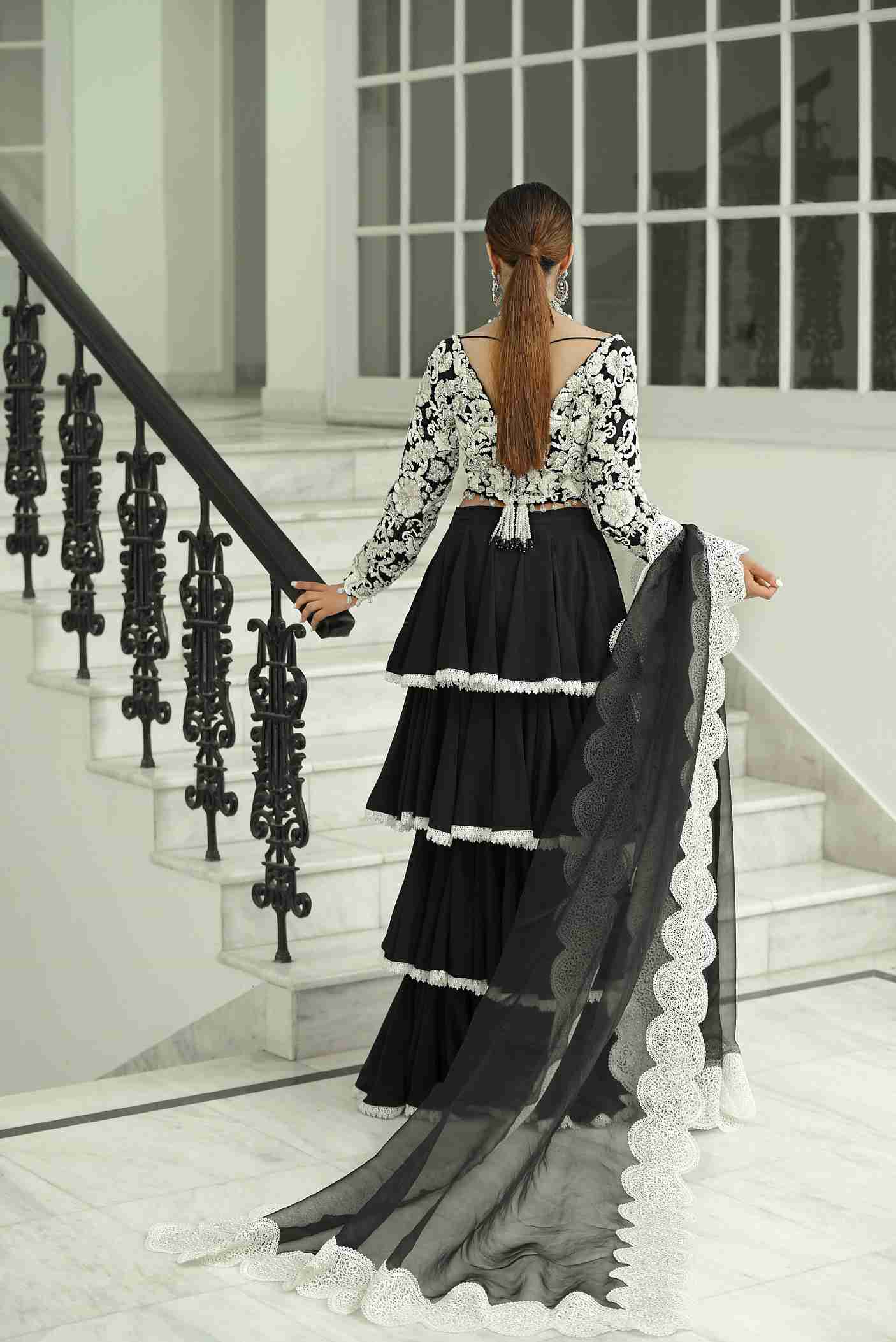 Black Choli with Ivory Embroidery, Four Tiered Skirt with Organza Dupatta