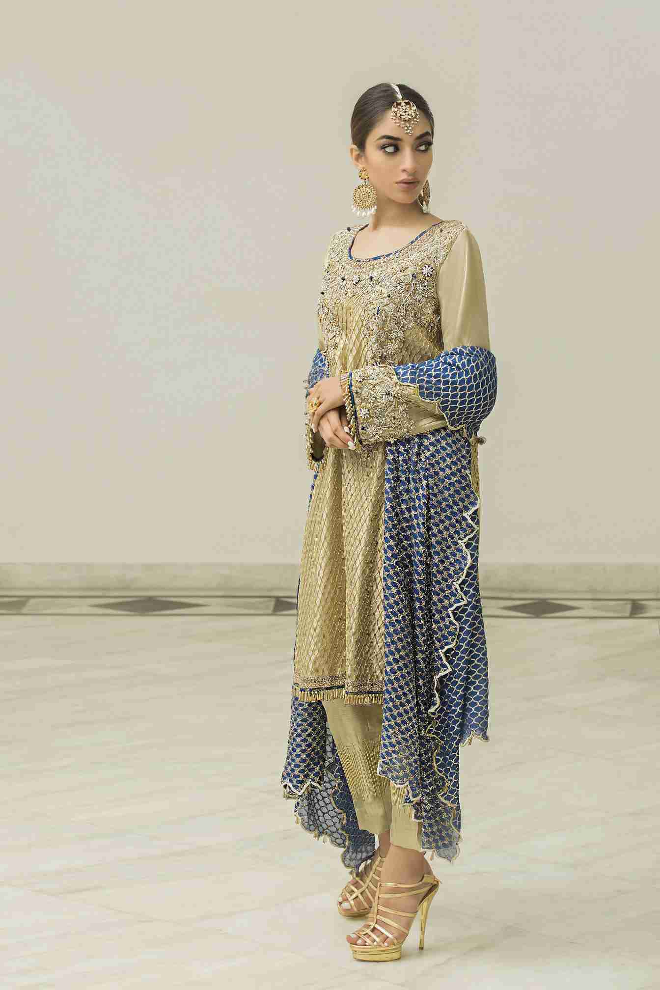 Green Gold Lamé Fully Embellished Shirt with Ink Blue Duputta with Cropped Trousers