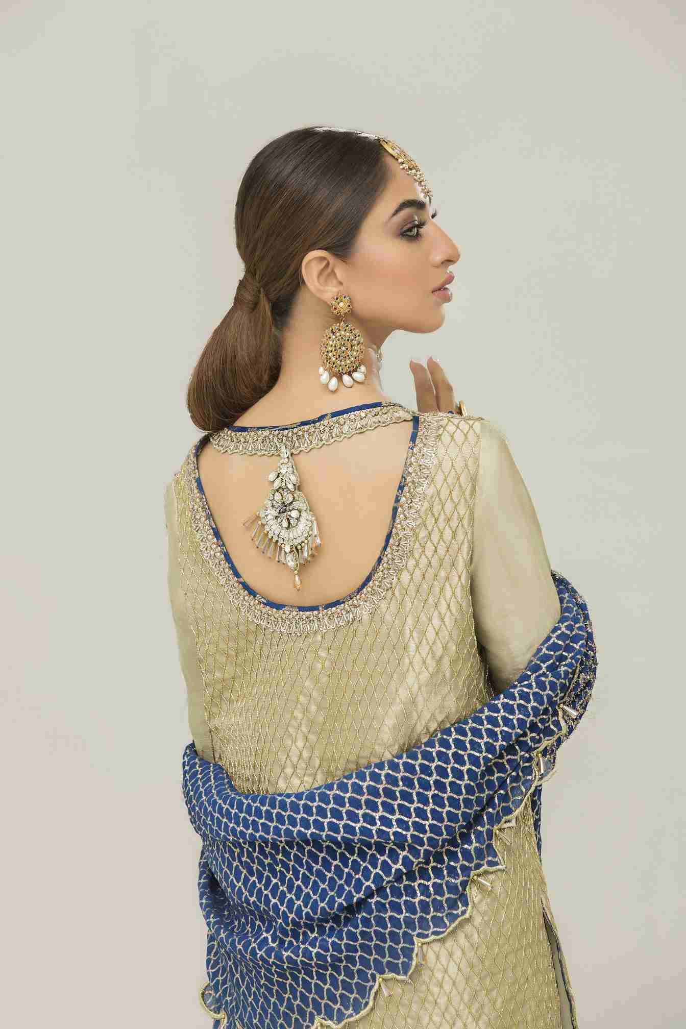 Green Gold Lamé Fully Embellished Shirt with Ink Blue Duputta with Cropped Trousers