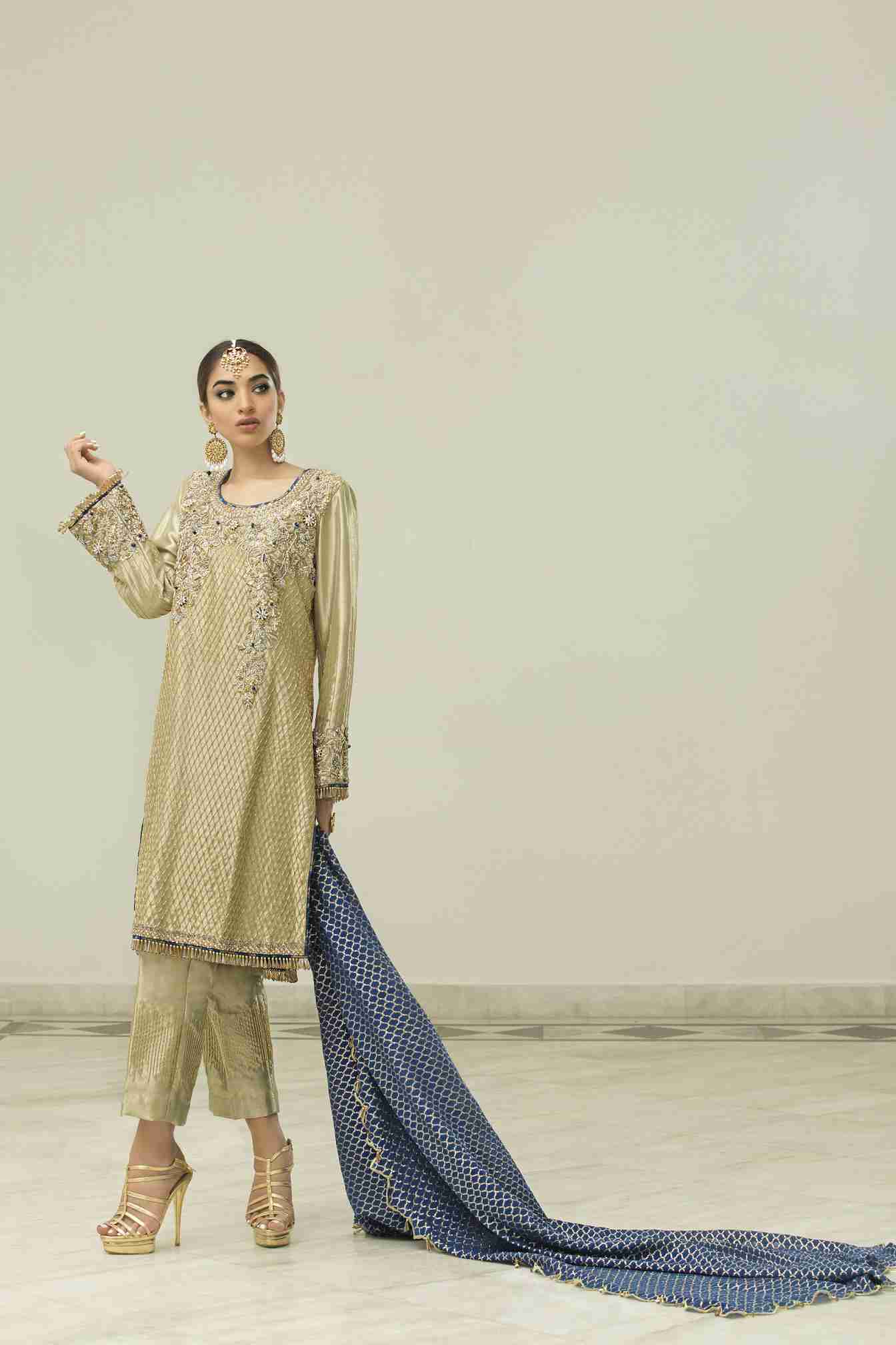 Green Gold Lamé Fully Embellished Shirt with Ink Blue Duputta with Cropped Trousers