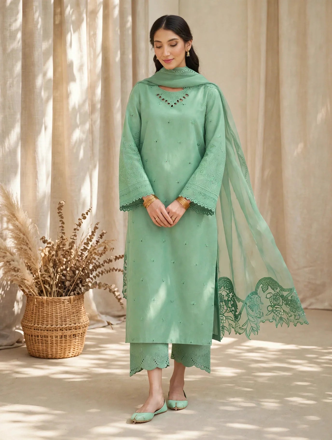 Green Mahrosh Viscose - Embroided 3 pieces suit for women