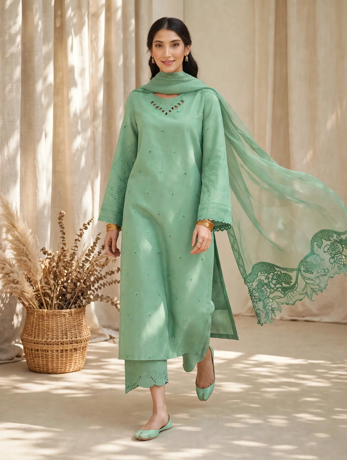 Green Mahrosh Viscose - Embroided 3 pieces suit for women