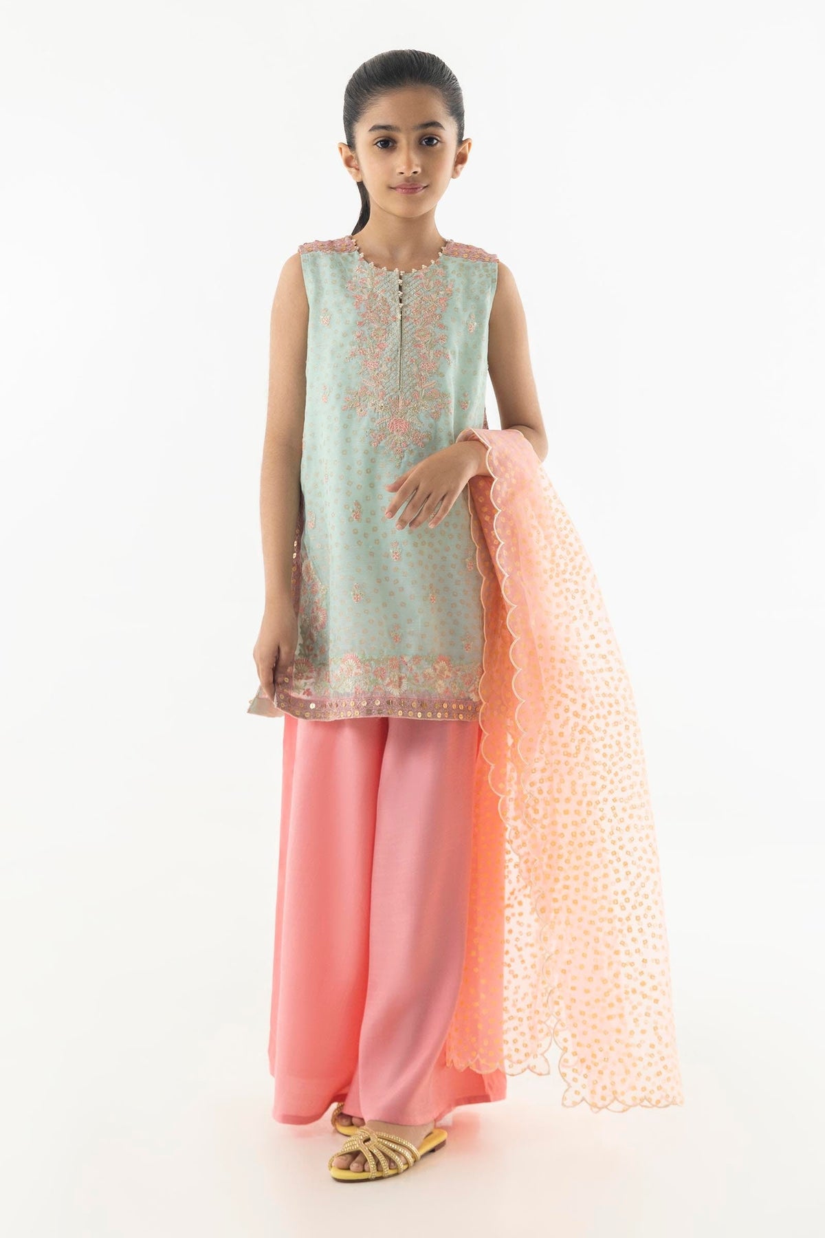 Stitched Kids Cotton Net Embroidered Suit