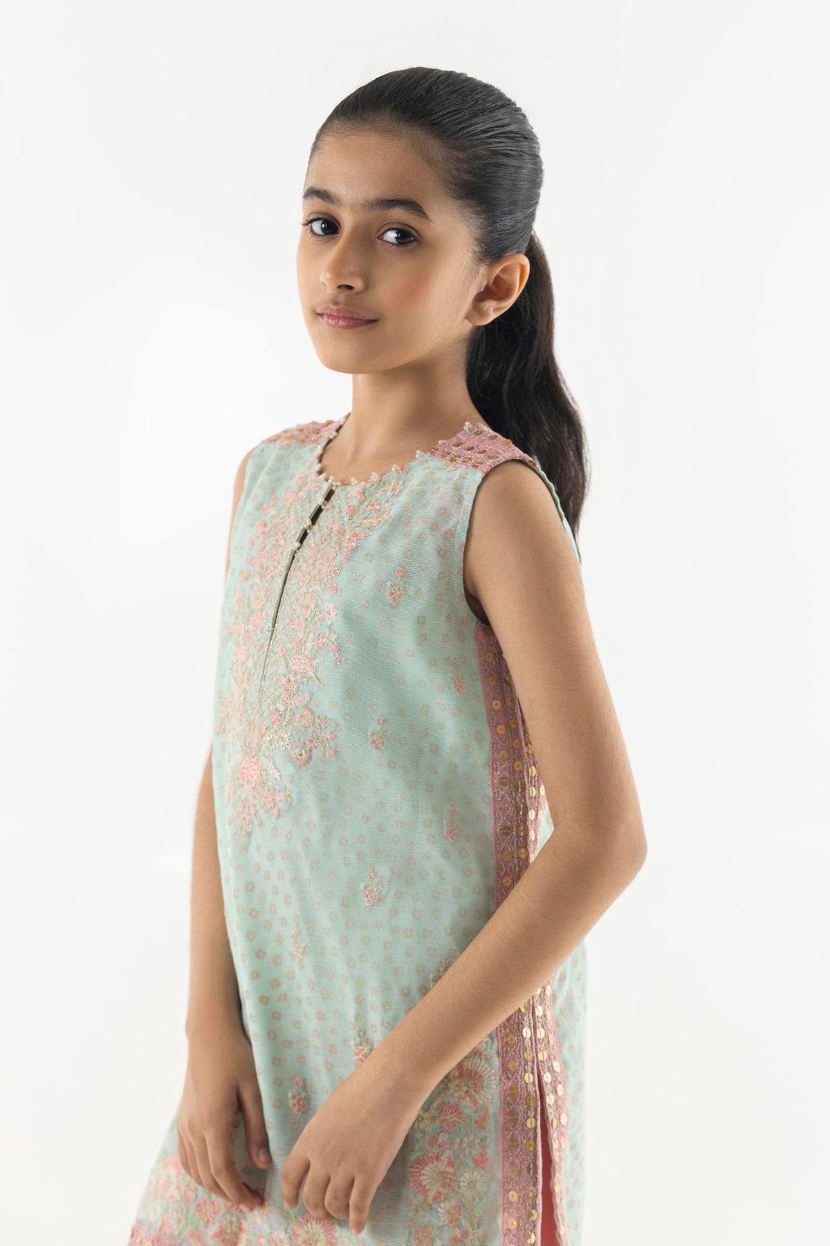 Stitched Kids Cotton Net Embroidered Suit