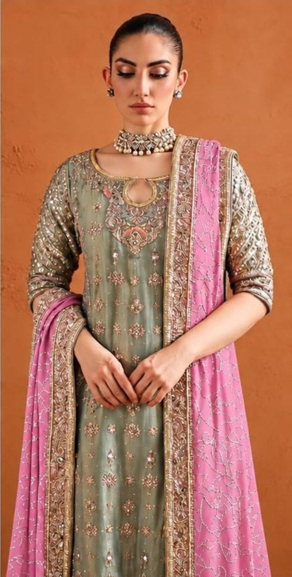 Shagna Style — Mairaz Pistachio Green & Pink Three-Piece Suit
