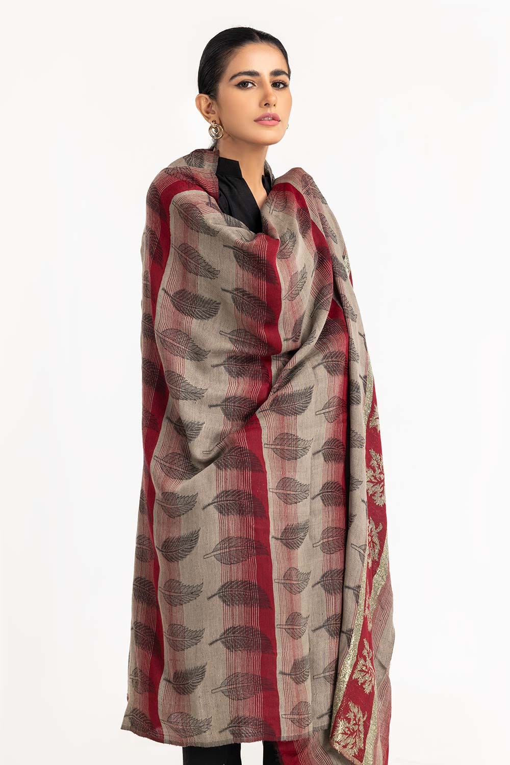 Maroon Shawl With Leaf Pattern