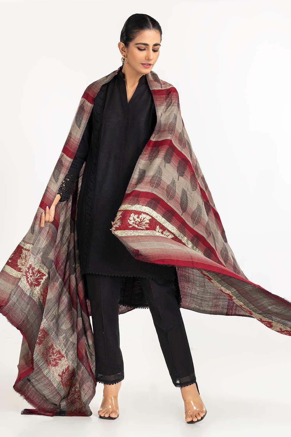 Maroon Shawl With Leaf Pattern