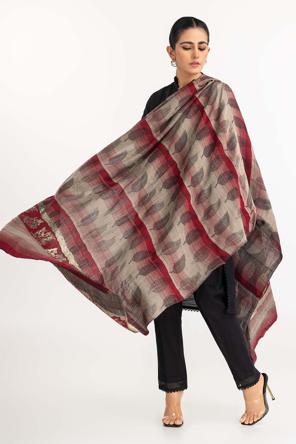 Maroon Shawl With Leaf Pattern