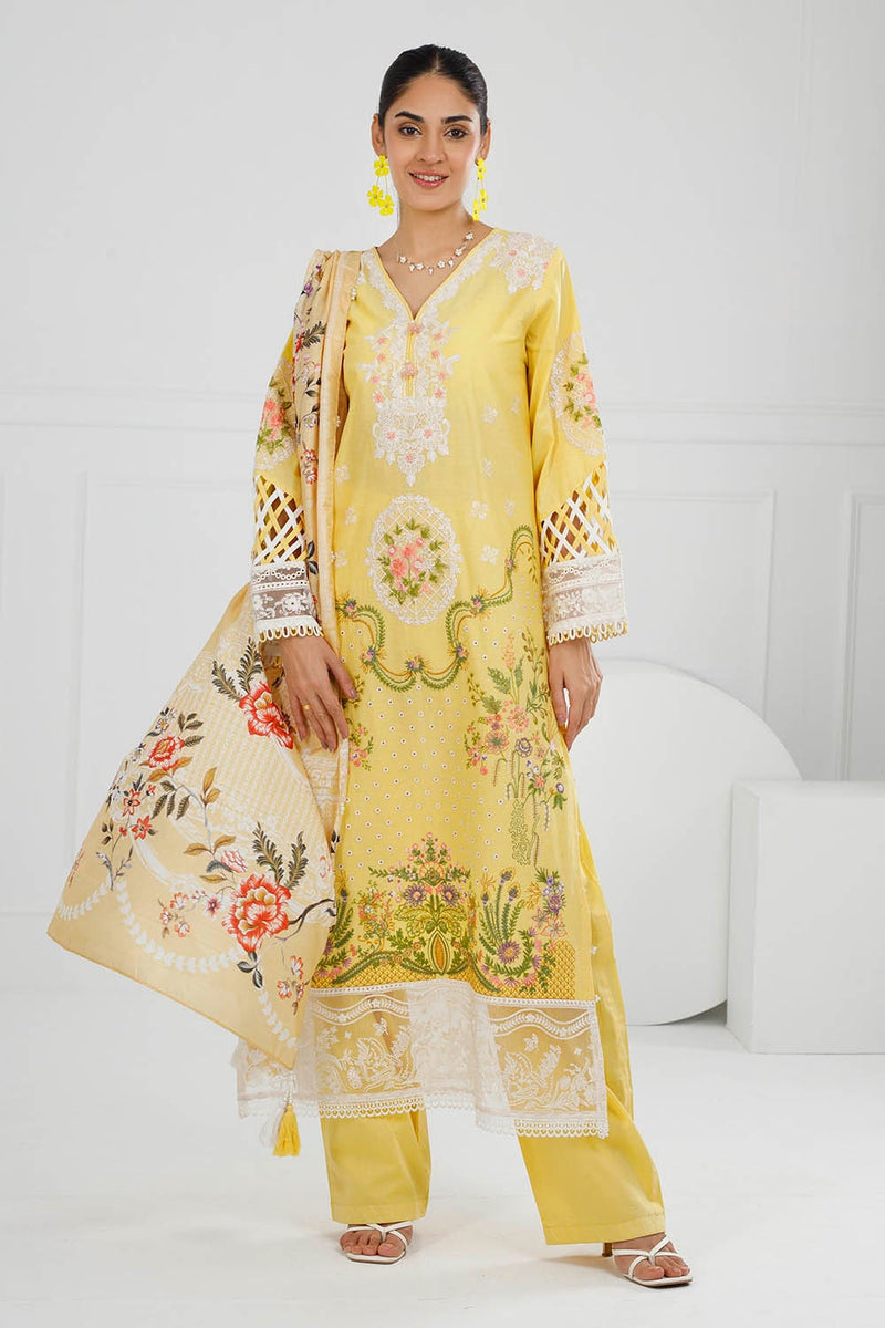 3 Piece Unstitched Embroidered Lawn Suit With Printed Tussar Silk Dupatta