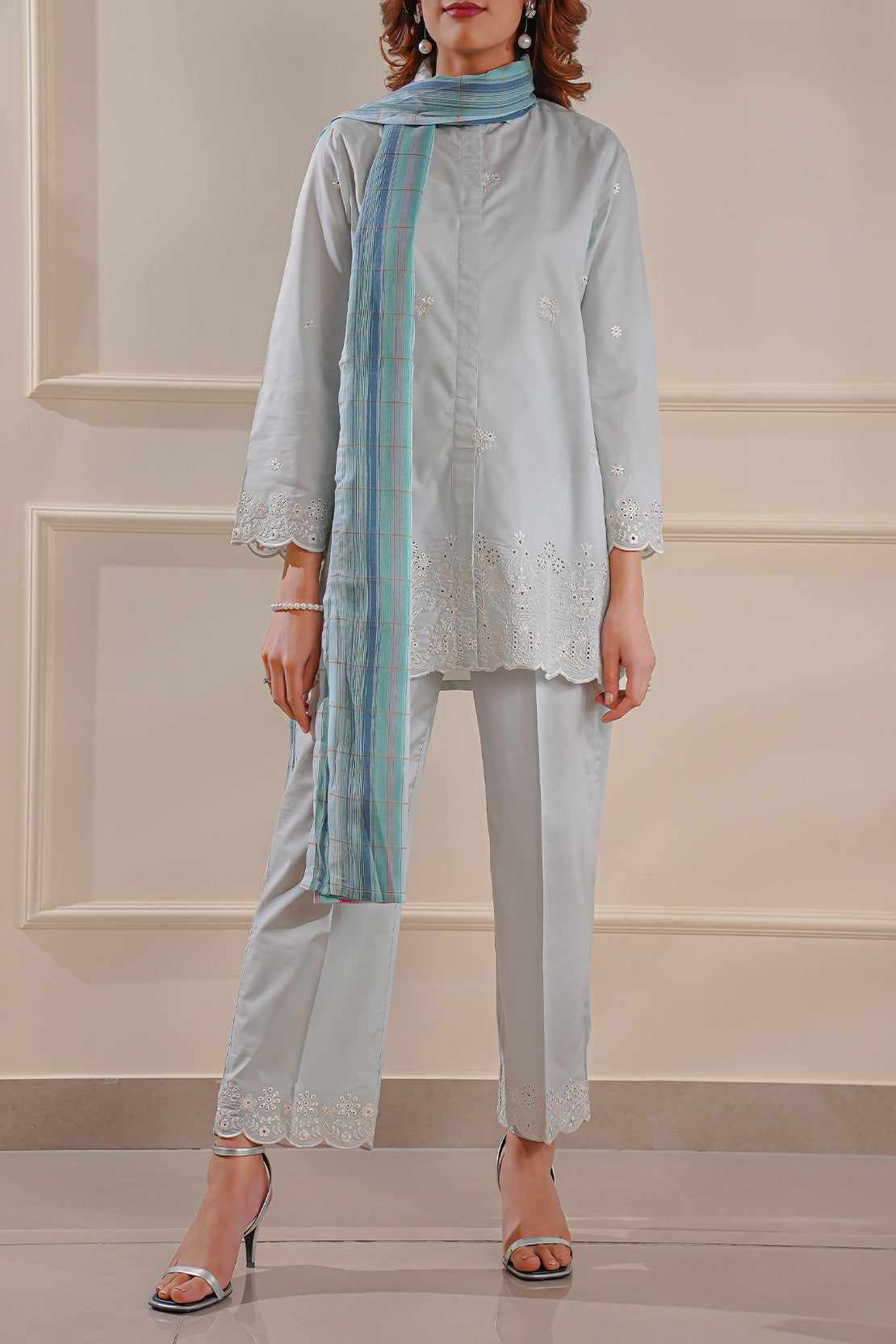 Solid Embroidered Cotton Stitched 3 Piece44547