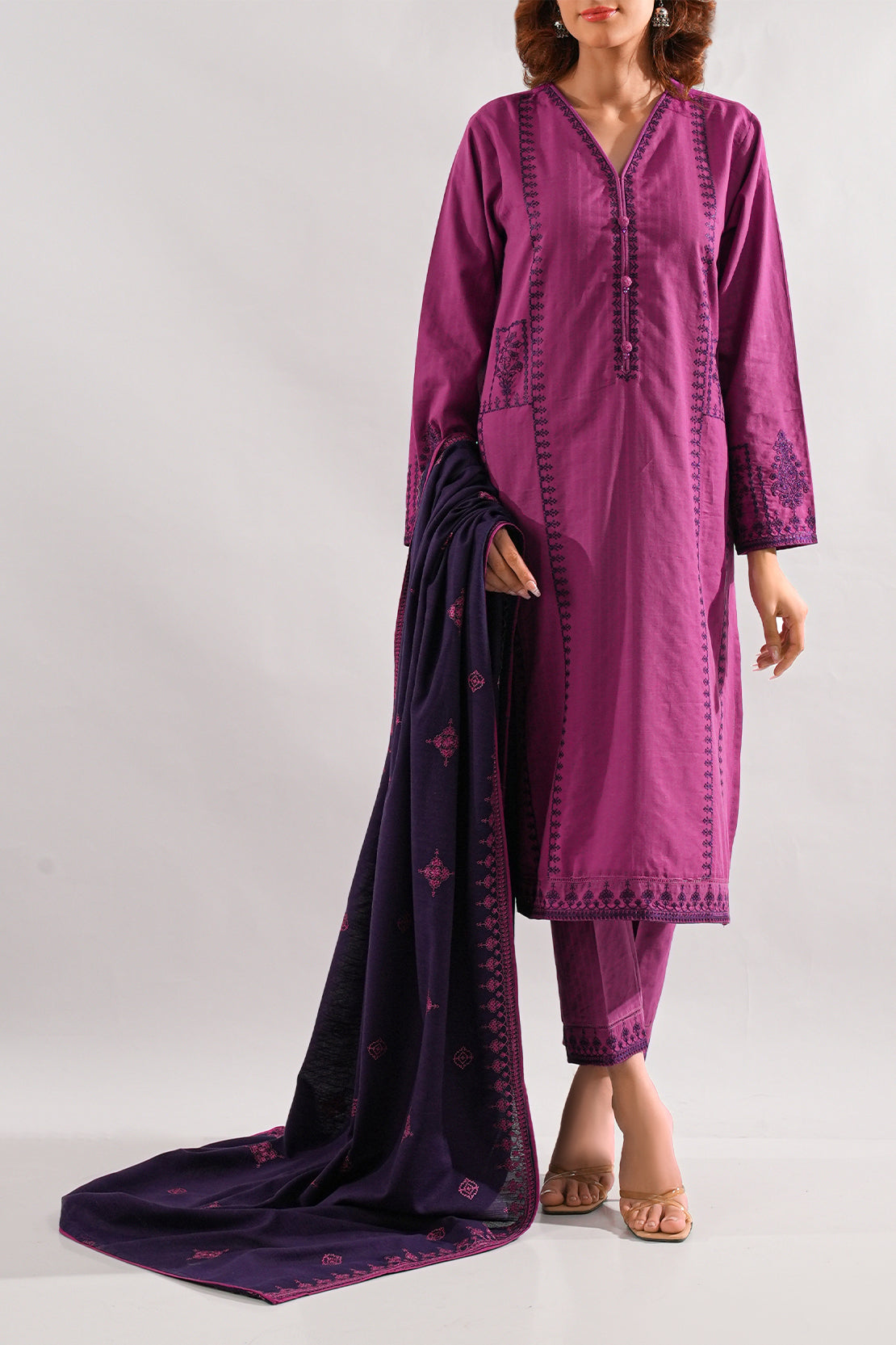 Solid Embroidered Slub Cotton Stitched 2 Piece (Shirt/Trouser)77033