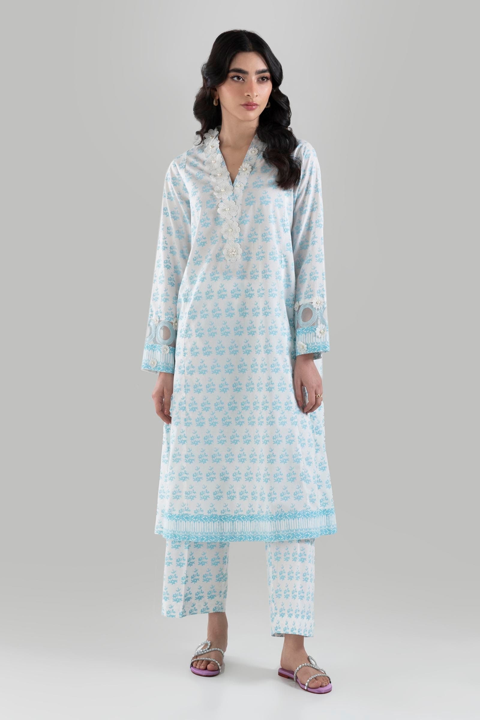 Stitched Sky Blue Embroidered Shirt + Culotte