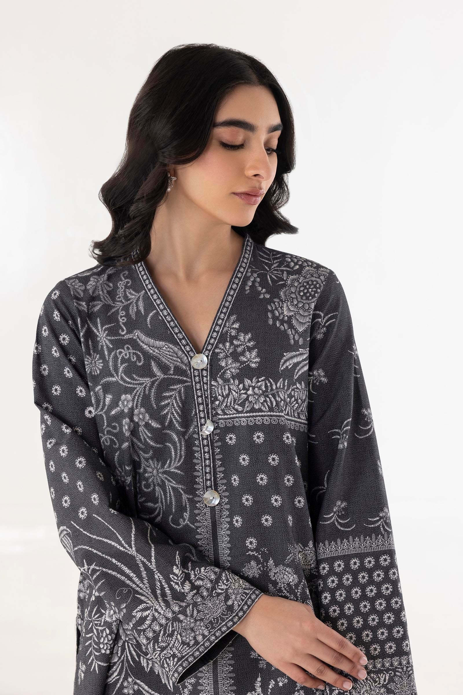 Stitched Charcoal Printed Shirt + Dupatta