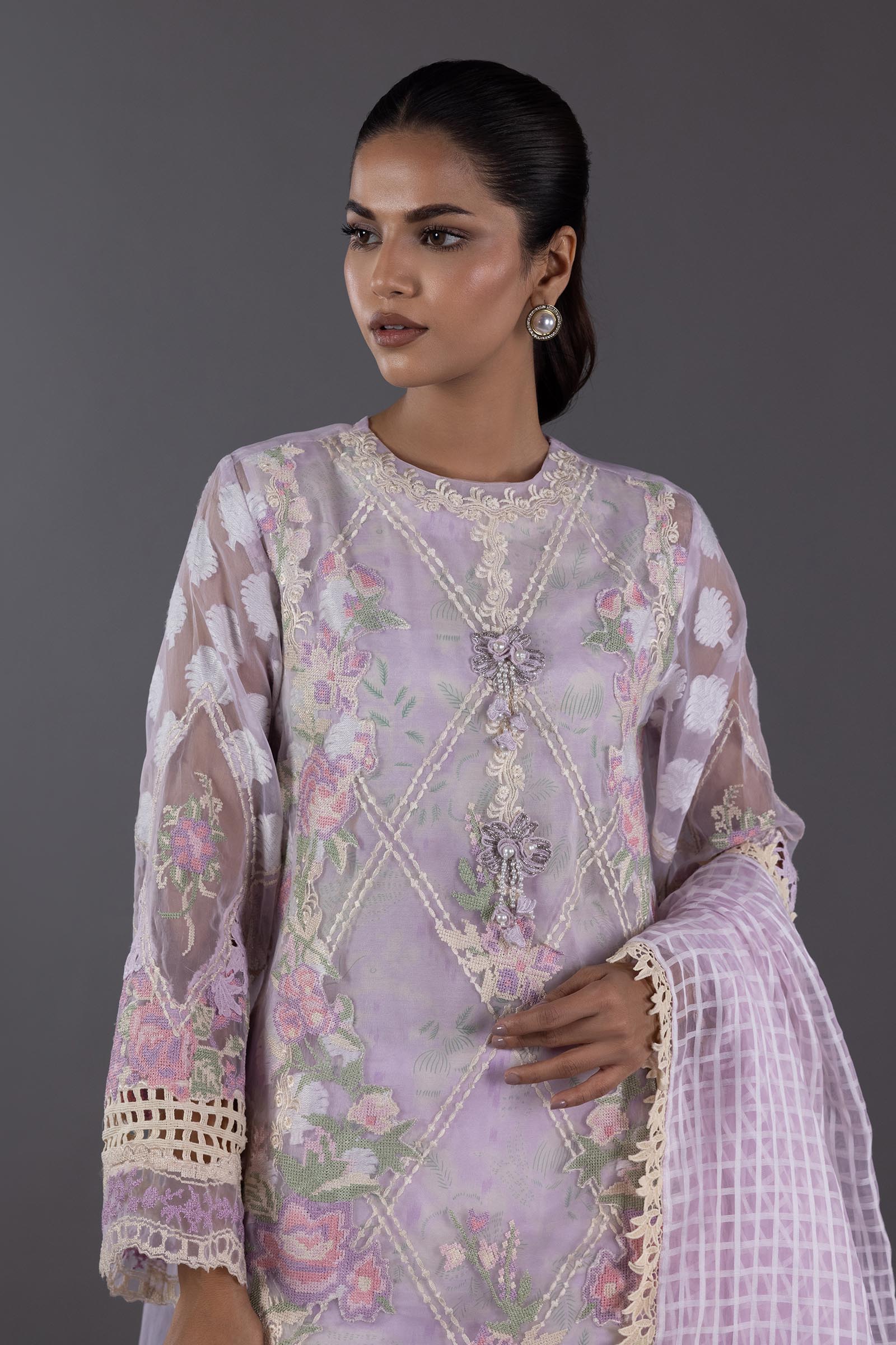 Stitched Organza Embroidered Shirt + Plazo + Dupatta