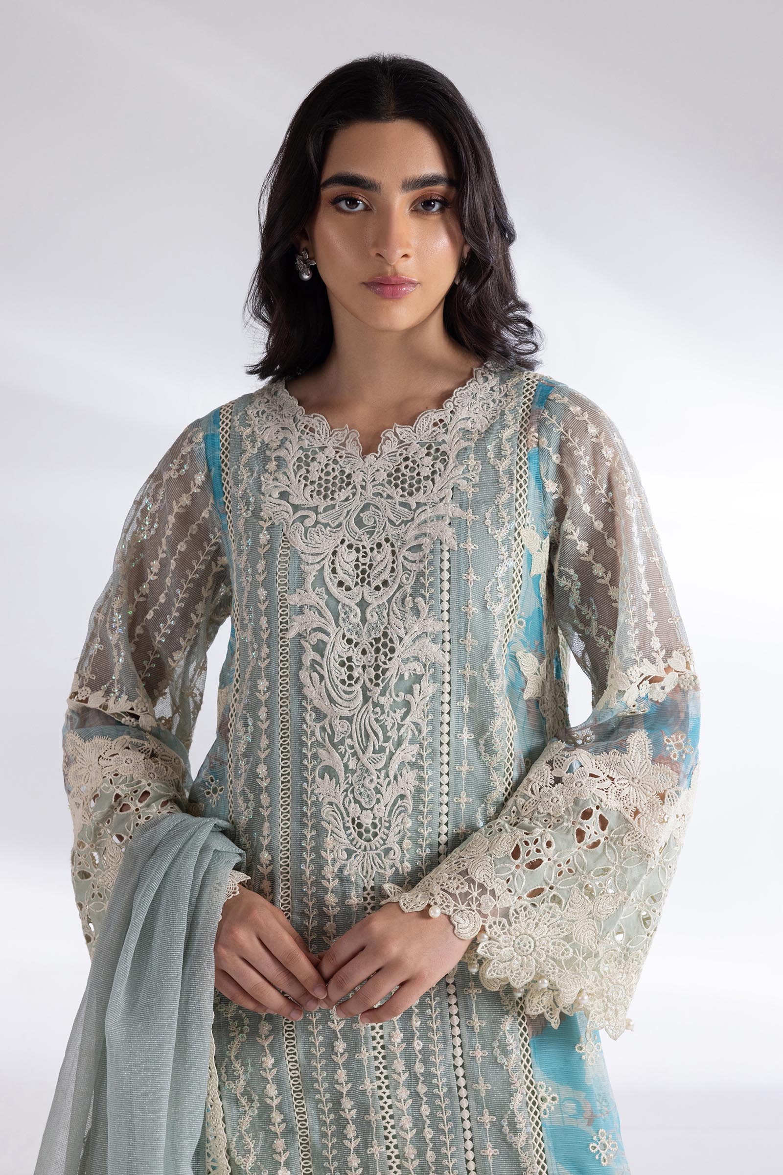 Stitched Khaddi Net Embroidered Suit