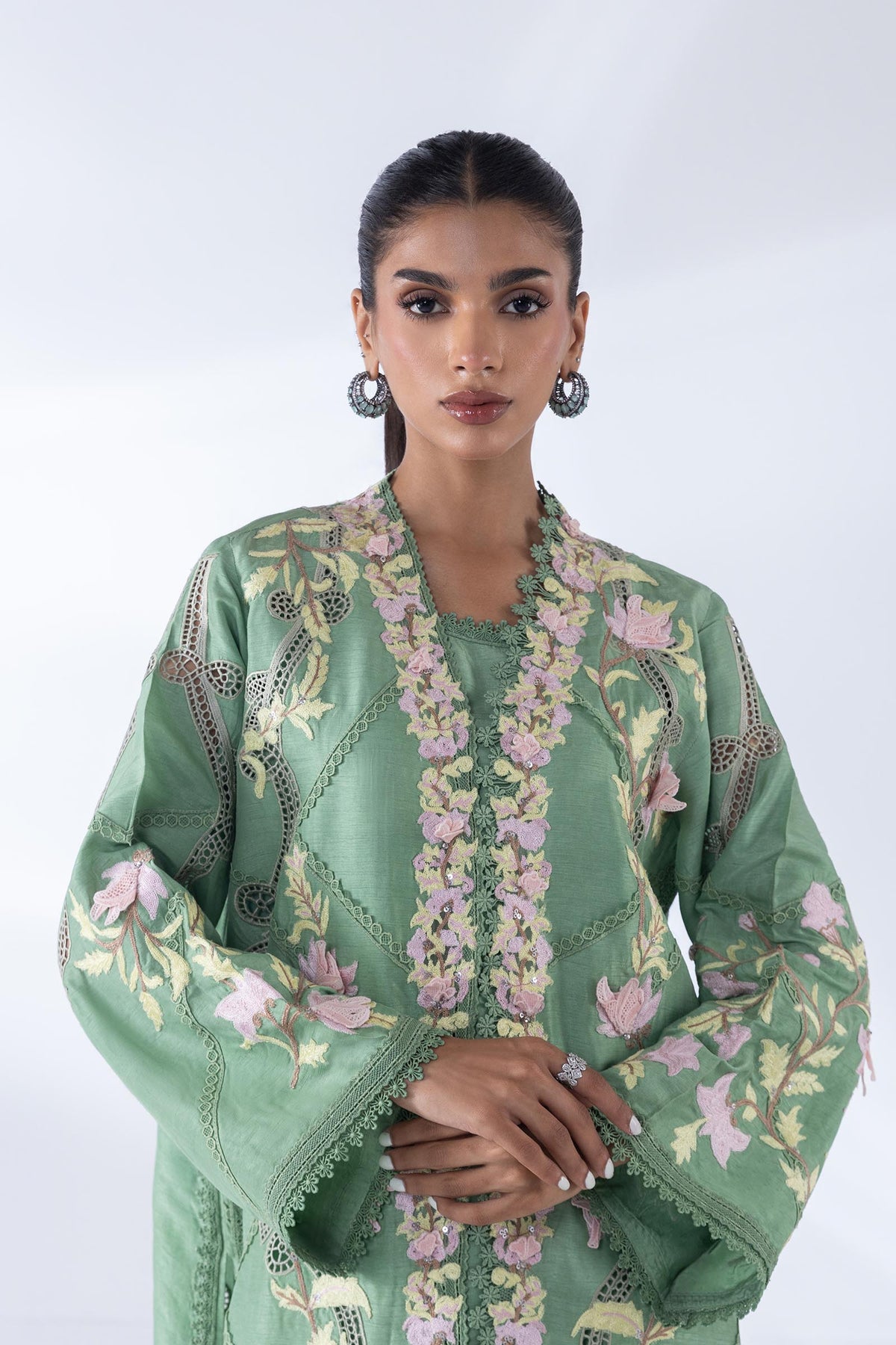 Stitched Embroidered Floral Green Shirt + Bottom