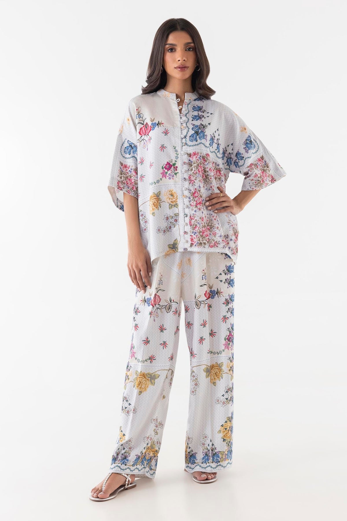 Stitched White Floral Cord Set