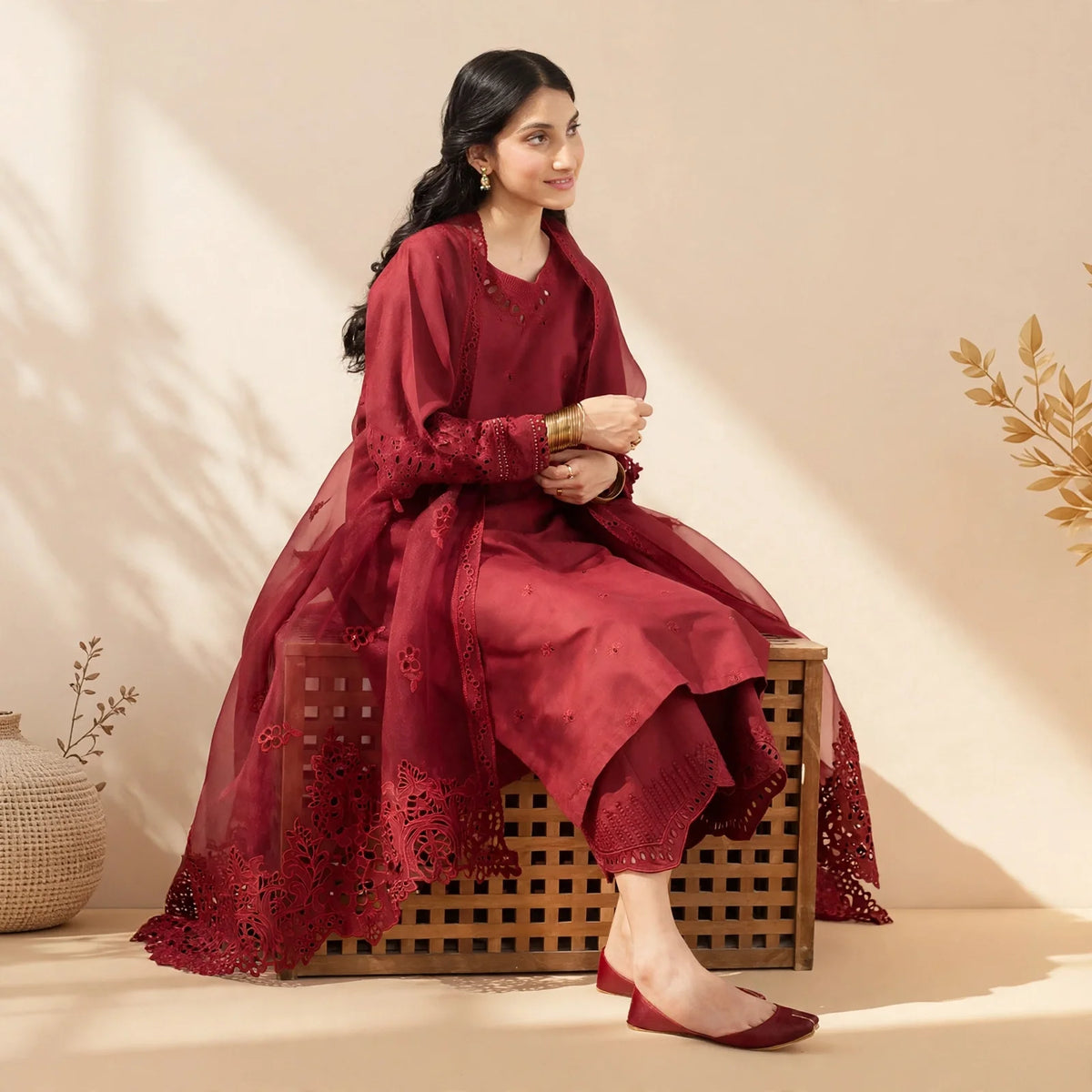 Maroon Mahrosh Viscose - Embroided 3 pieces suit for women