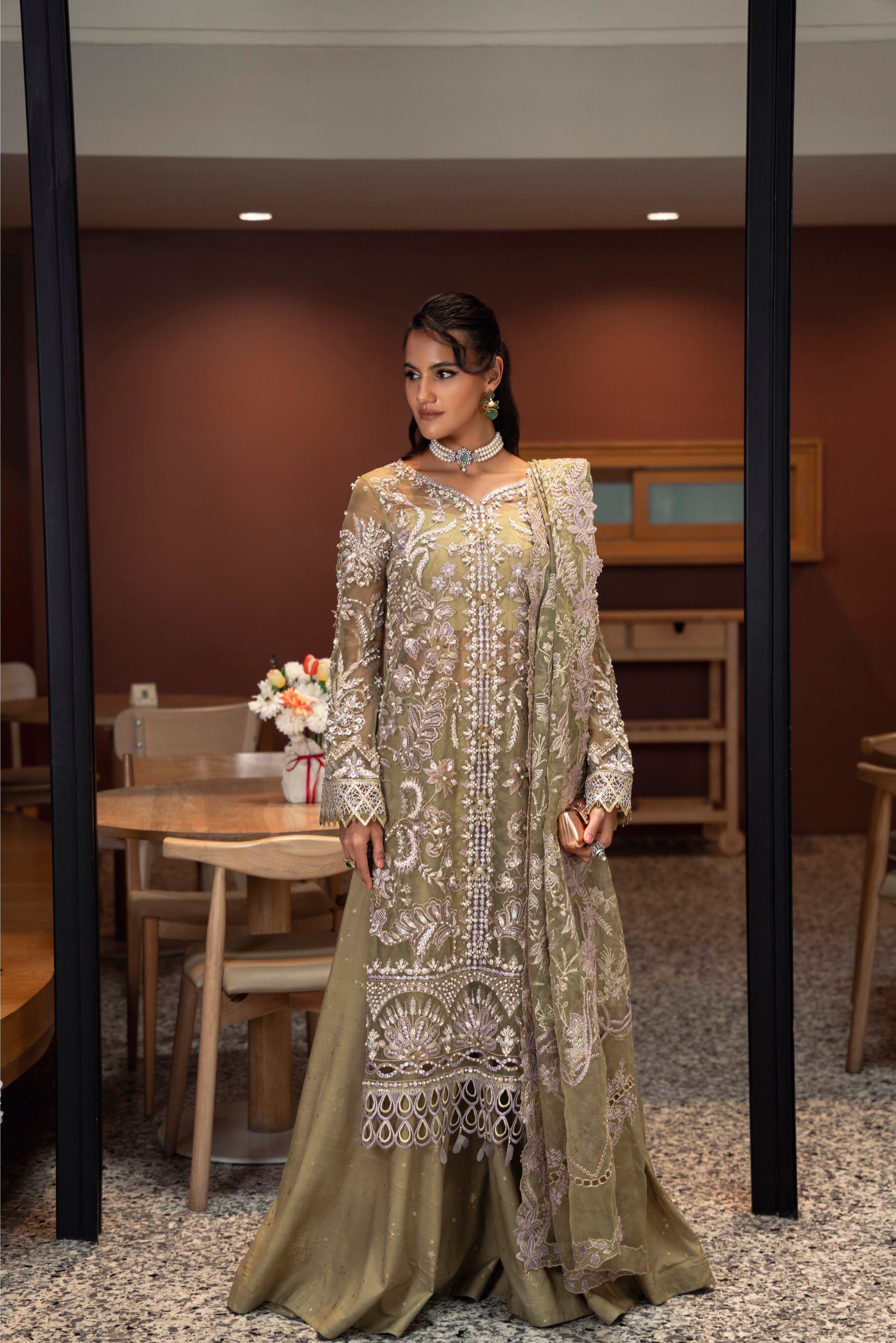 Taisha Organza Shirt & Dupatta with Raw Silk Pant & Slip Set by Mysie by Tahira – Olive Green Designer Dress
