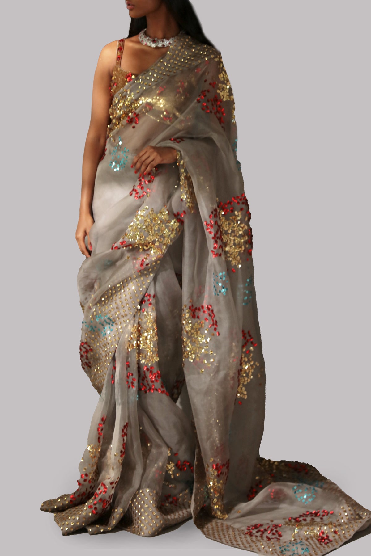 Taupe Gray Embellished Organza Sari