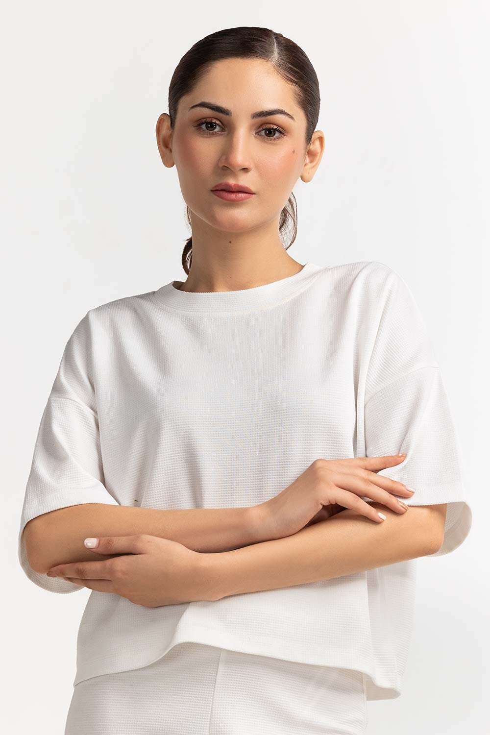Textured Crew Neck White Shirt