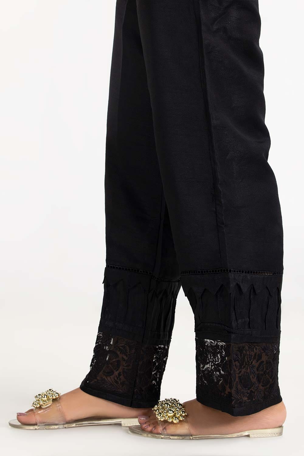 Black Embroidered Raw Silk Bell Bottom Trousers