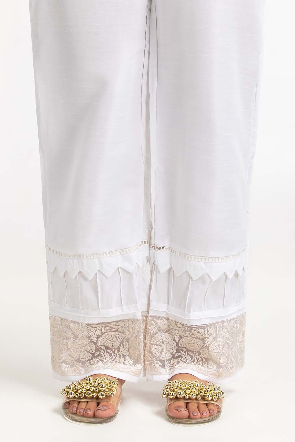 White Embroidered Raw Silk Bell Bottom Trousers