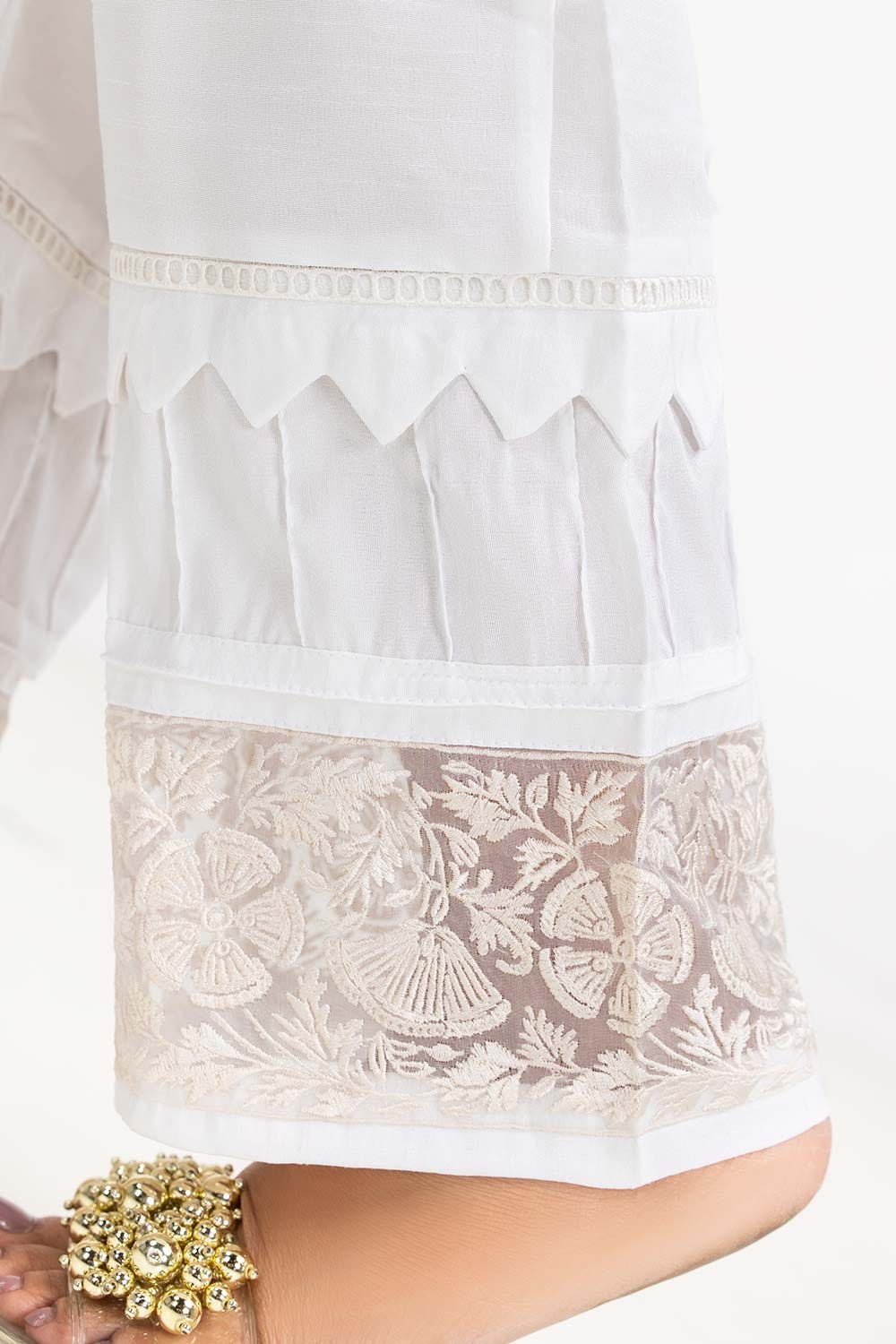 White Embroidered Raw Silk Bell Bottom Trousers