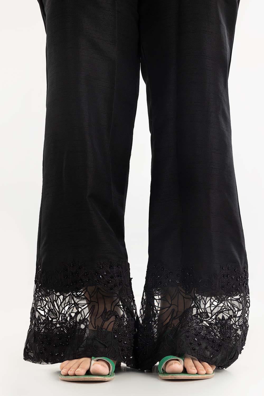 Black Embroiered Raw Silk Bell Bottom Trousers