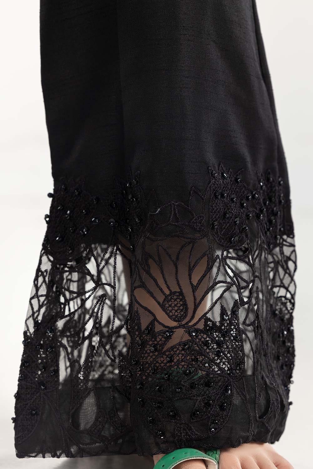 Black Embroiered Raw Silk Bell Bottom Trousers