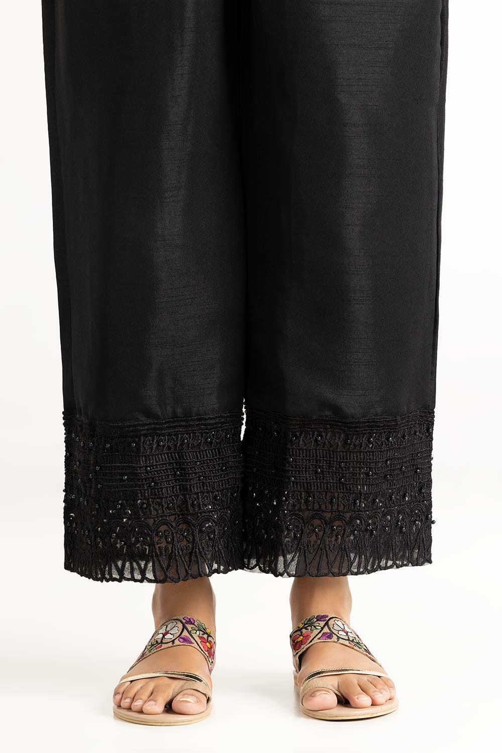 Black Dyed Raw Silk Embroidered Trousers