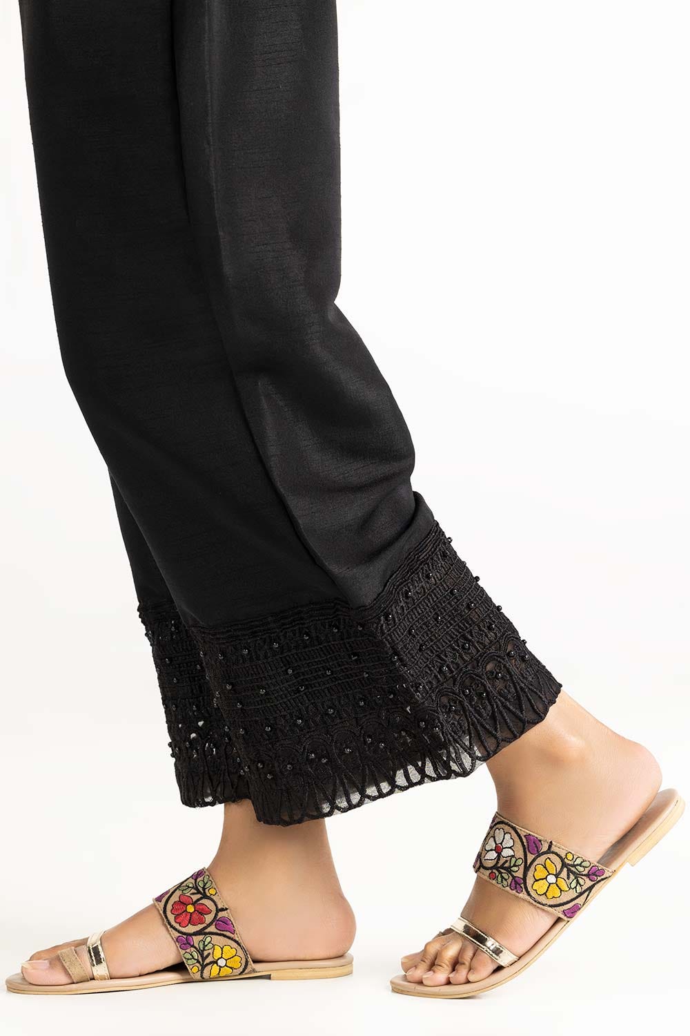 Black Dyed Raw Silk Embroidered Trousers