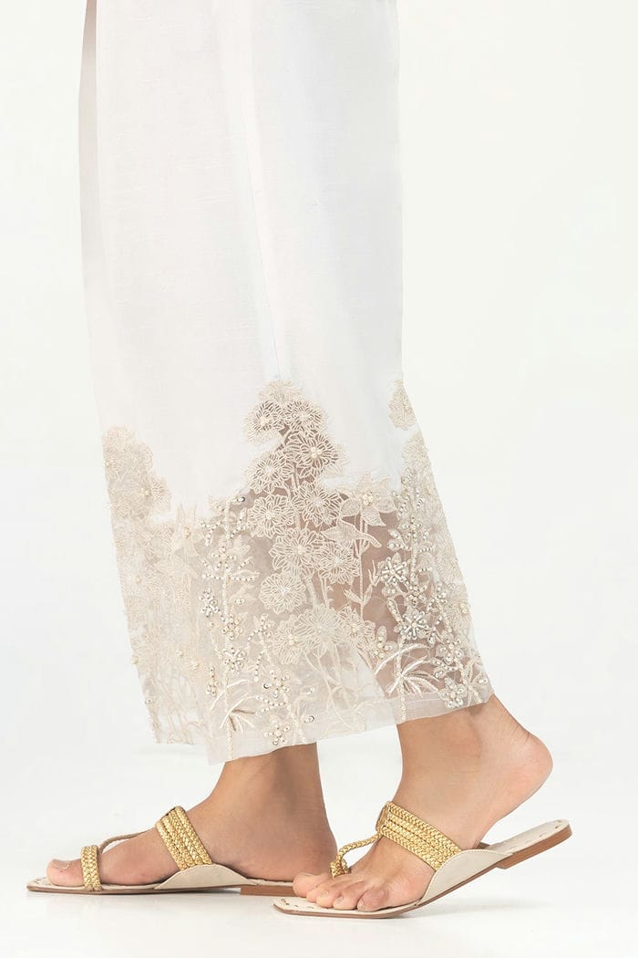 White Embroidered Indian Raw Silk Trousers
