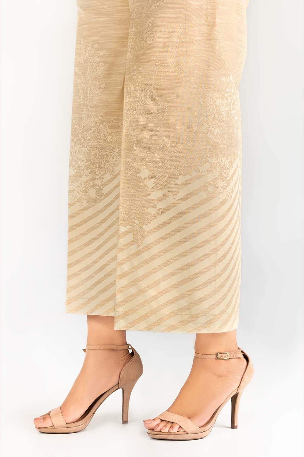 Beige Screen Printed Khaddar Trouser