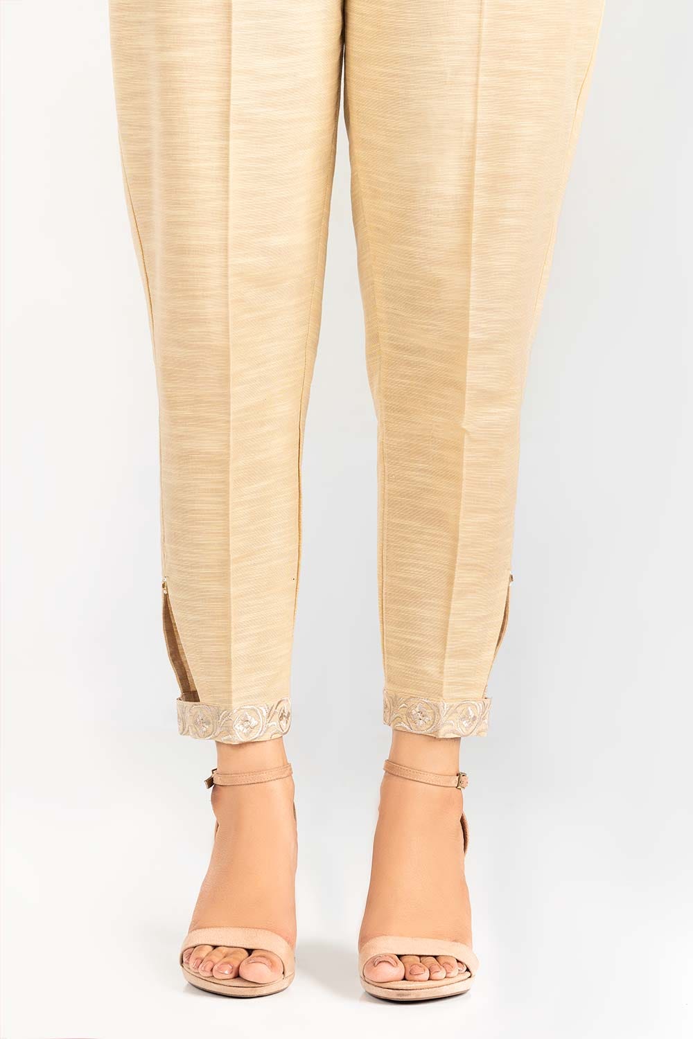 Beige Embroidered Khaddar Trouser