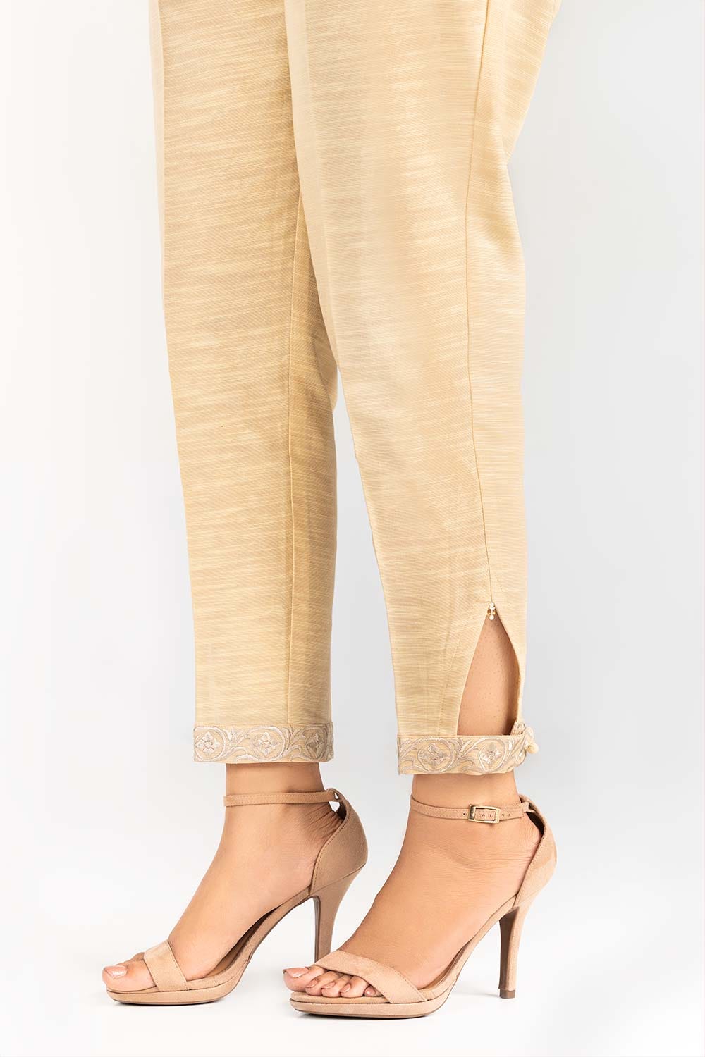Beige Embroidered Khaddar Trouser