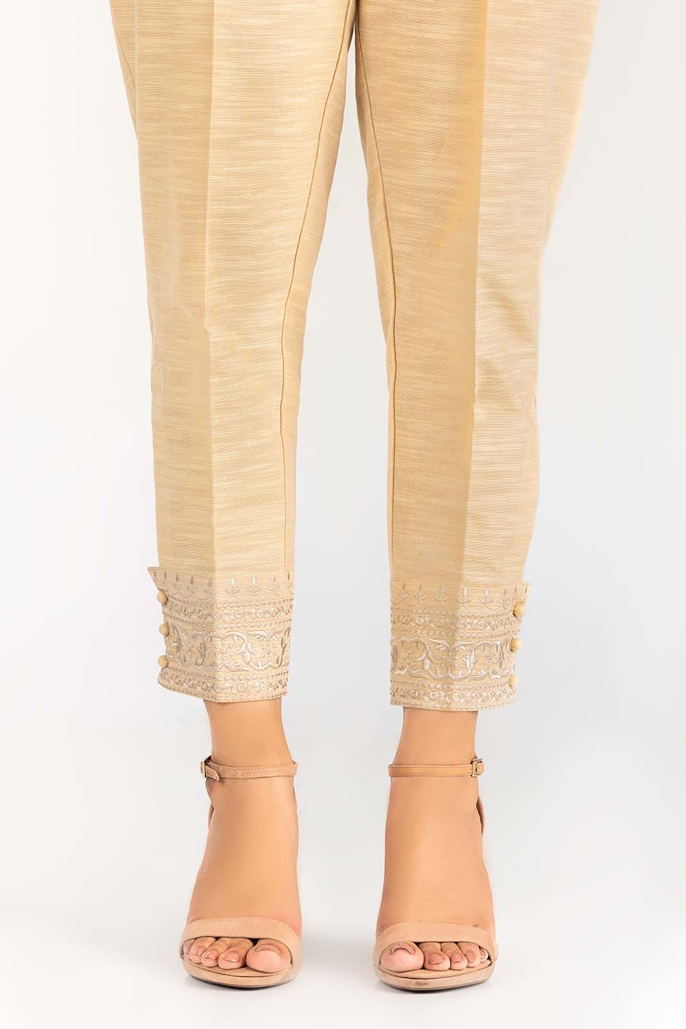 Beige Embroidered Khaddar Trouser