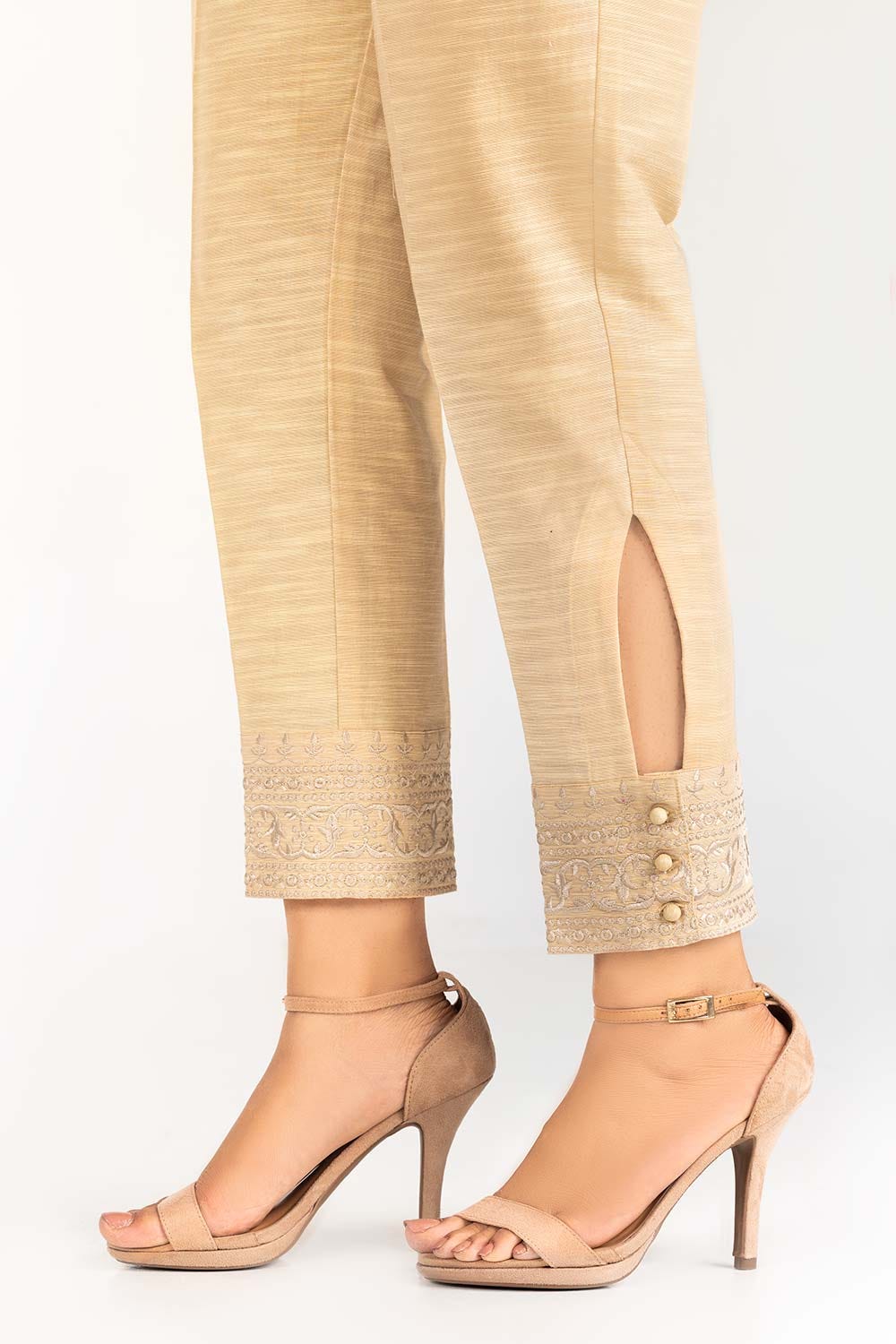 Beige Embroidered Khaddar Trouser