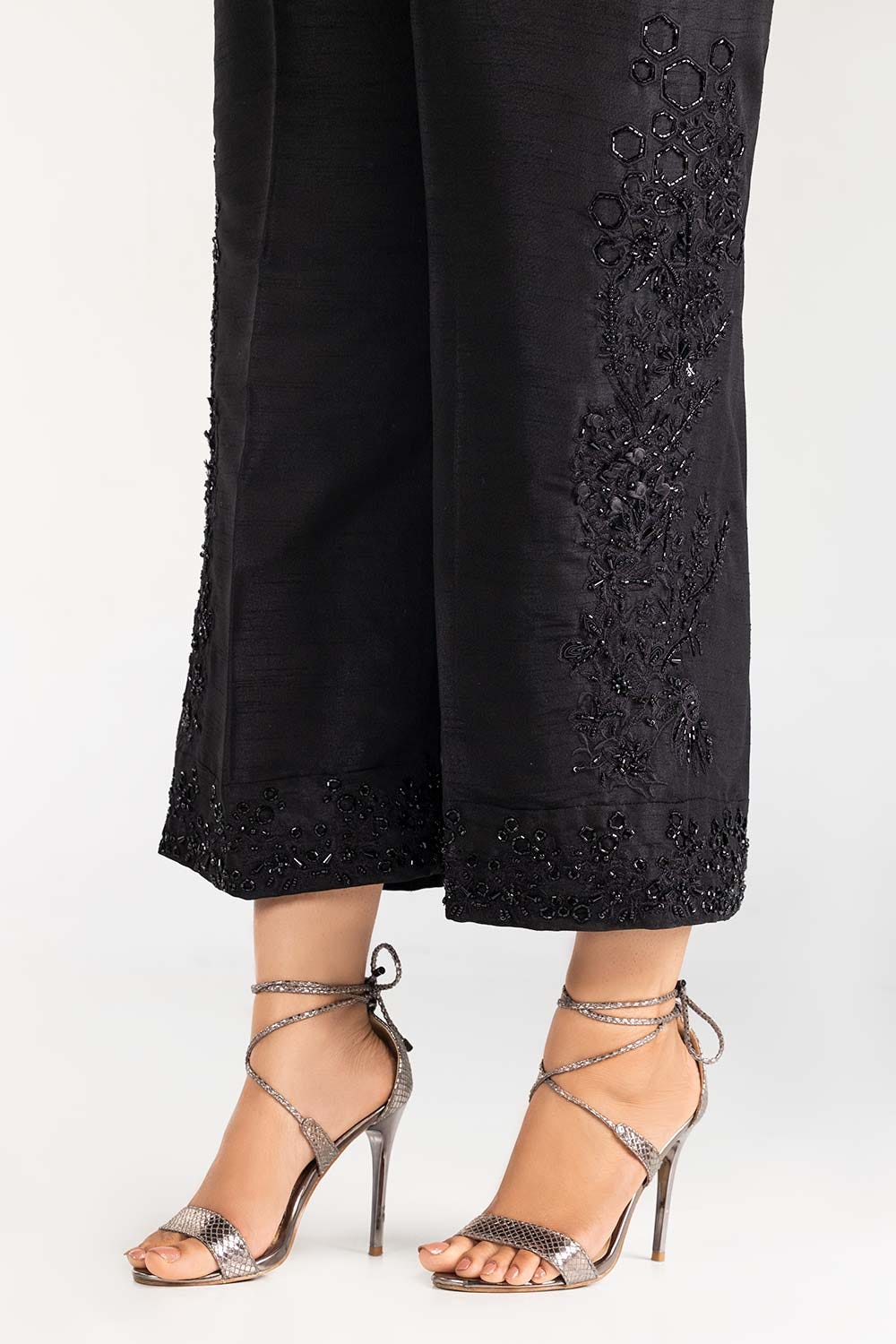 Black Embroidered Raw Silk Trousers