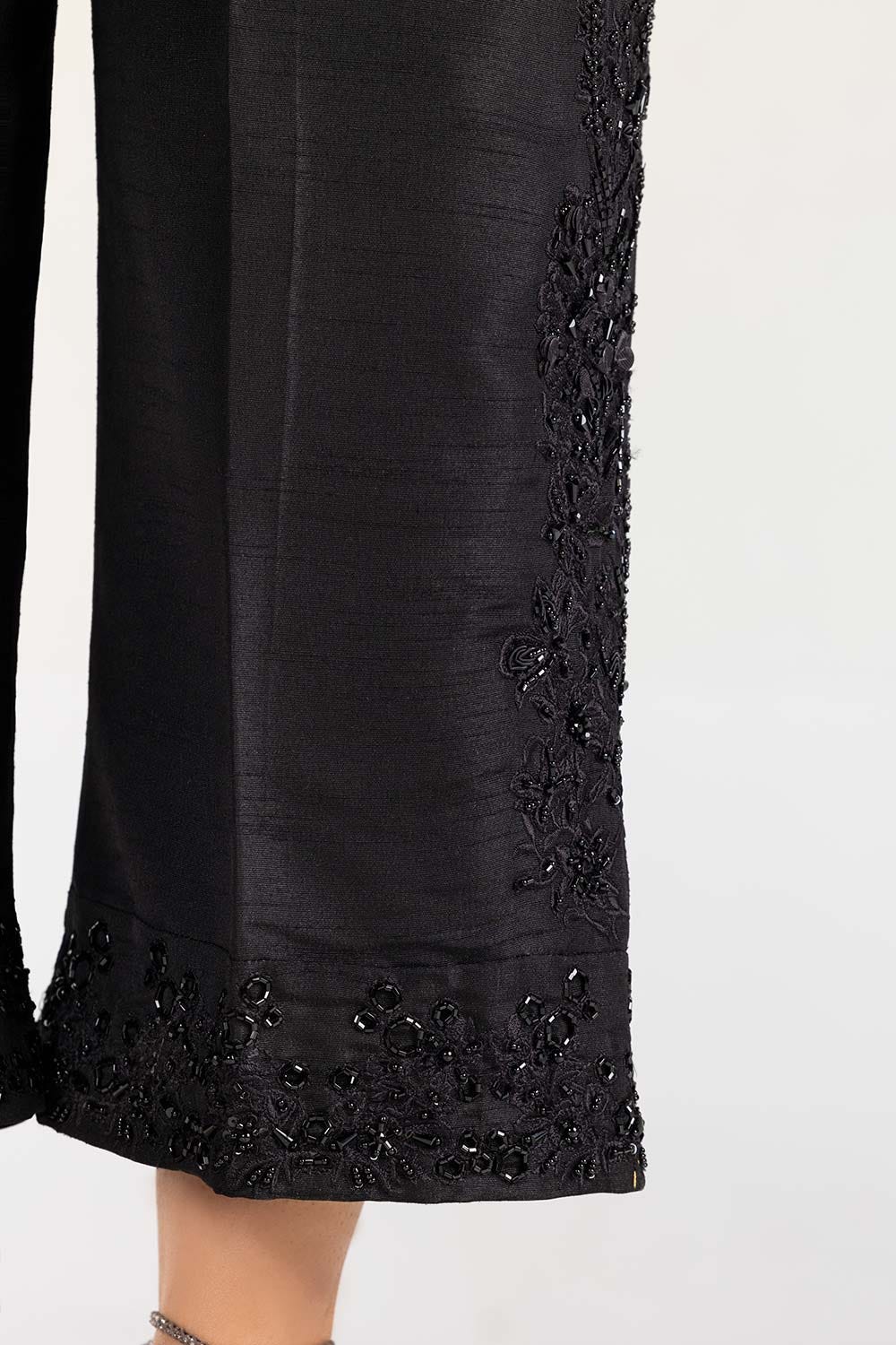 Black Embroidered Raw Silk Trousers
