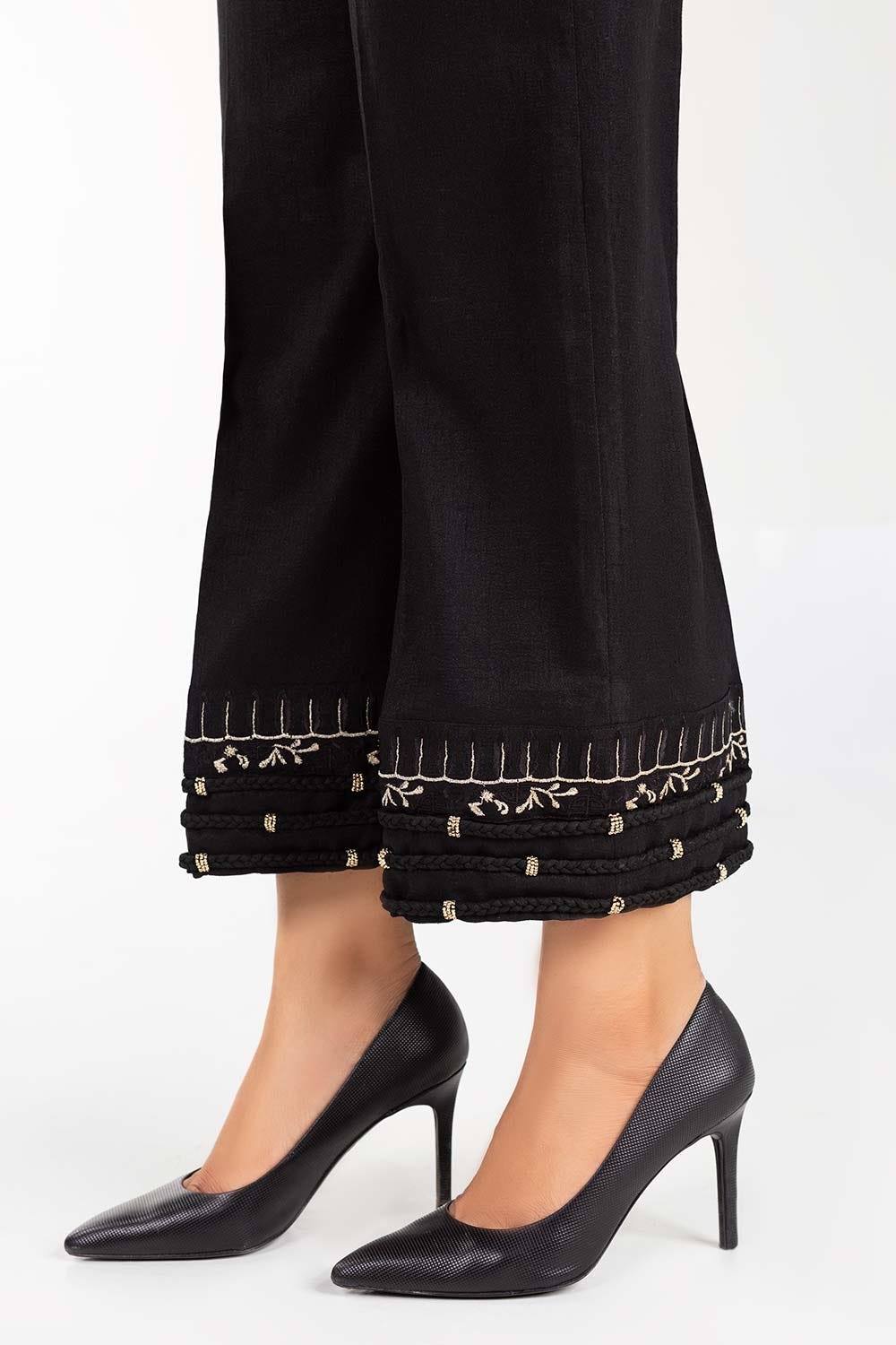 Black Embroidered Raw Silk Trousers