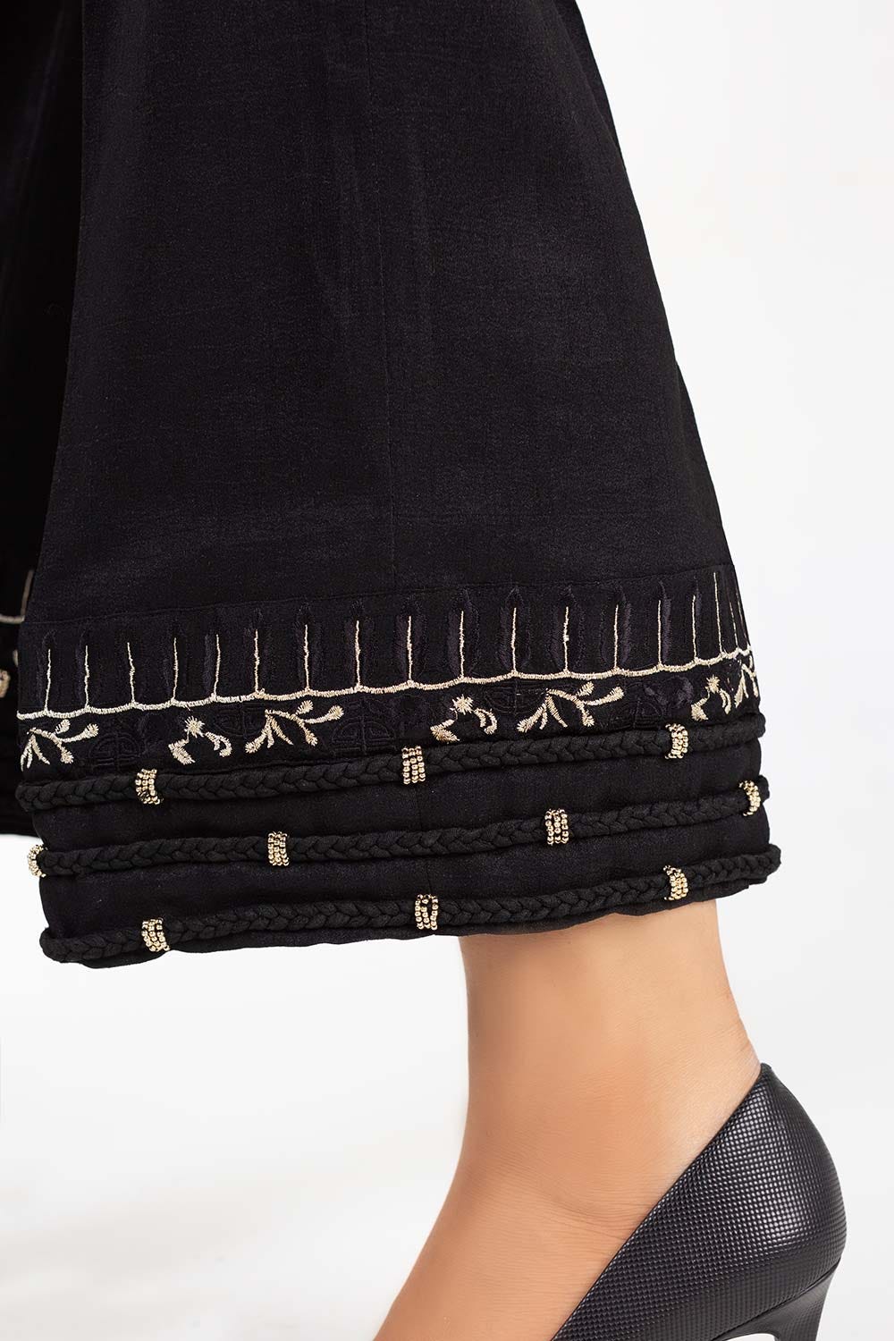 Black Embroidered Raw Silk Trousers